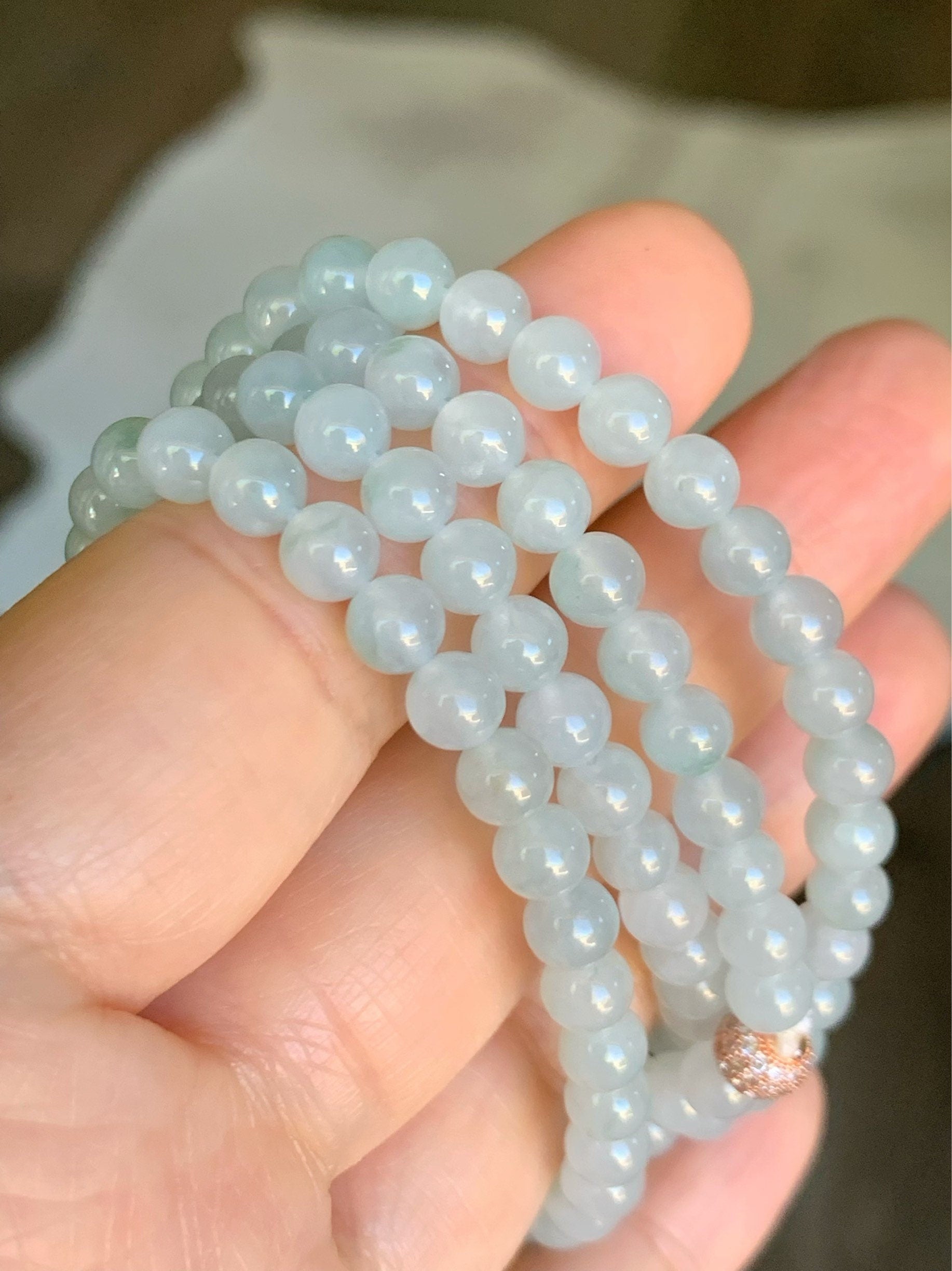 Jadeite Beaded Necklace Natural Burmese Premium Moxisha Icy Highly Translucent Light Blue Jadeite Beads 5mm 25.5” 缅甸莫西沙正冰淡蓝底长串