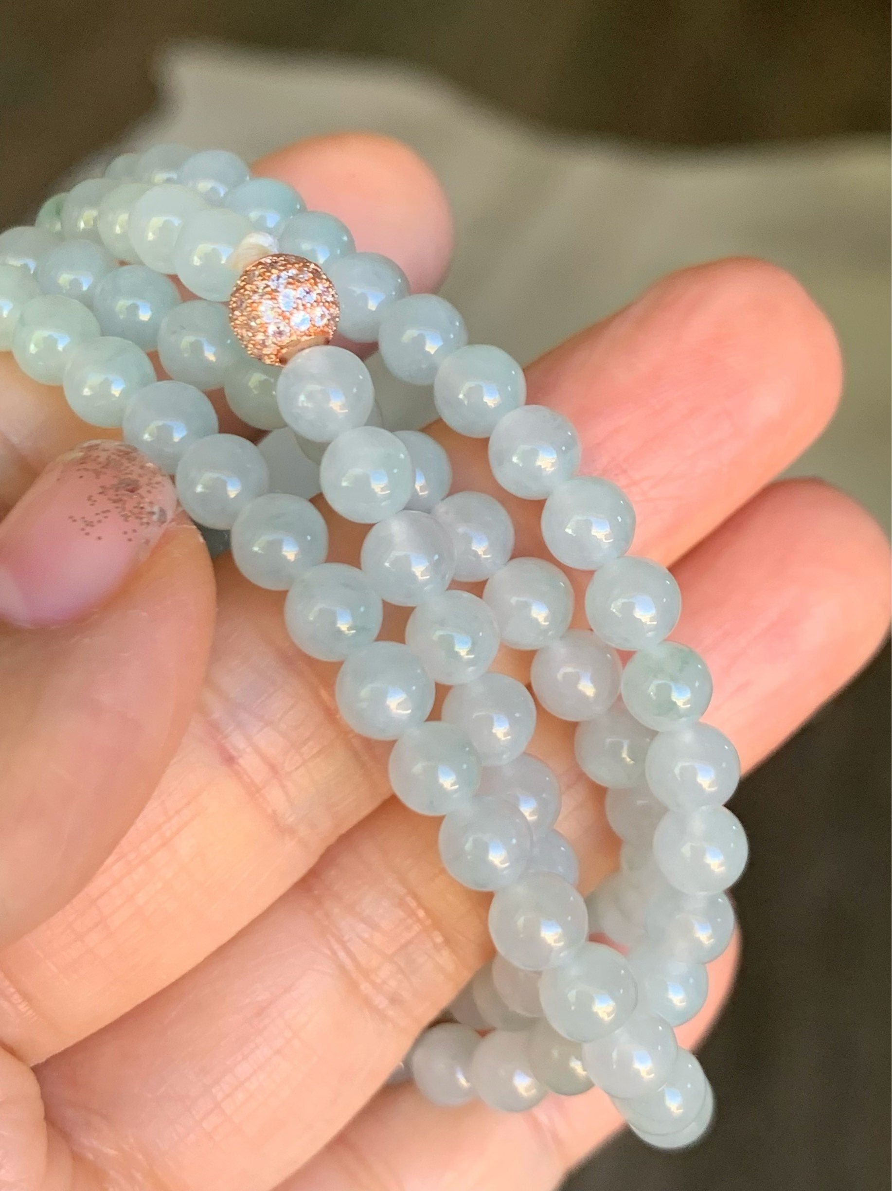 Jadeite Beaded Necklace Natural Burmese Premium Moxisha Icy Highly Translucent Light Blue Jadeite Beads 5mm 25.5” 缅甸莫西沙正冰淡蓝底长串