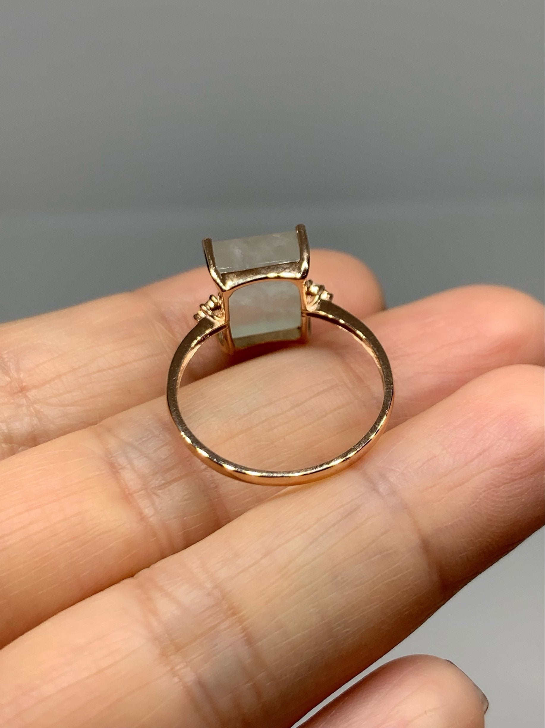 Certified Natural Burmese Premium Icy Translucent Light Green Emerald Cut Jadeite And Diamond Ring 18K Rose Gold Sz 7 天然缅甸正冰晴底雪花棉翡翠切割面钻石戒指