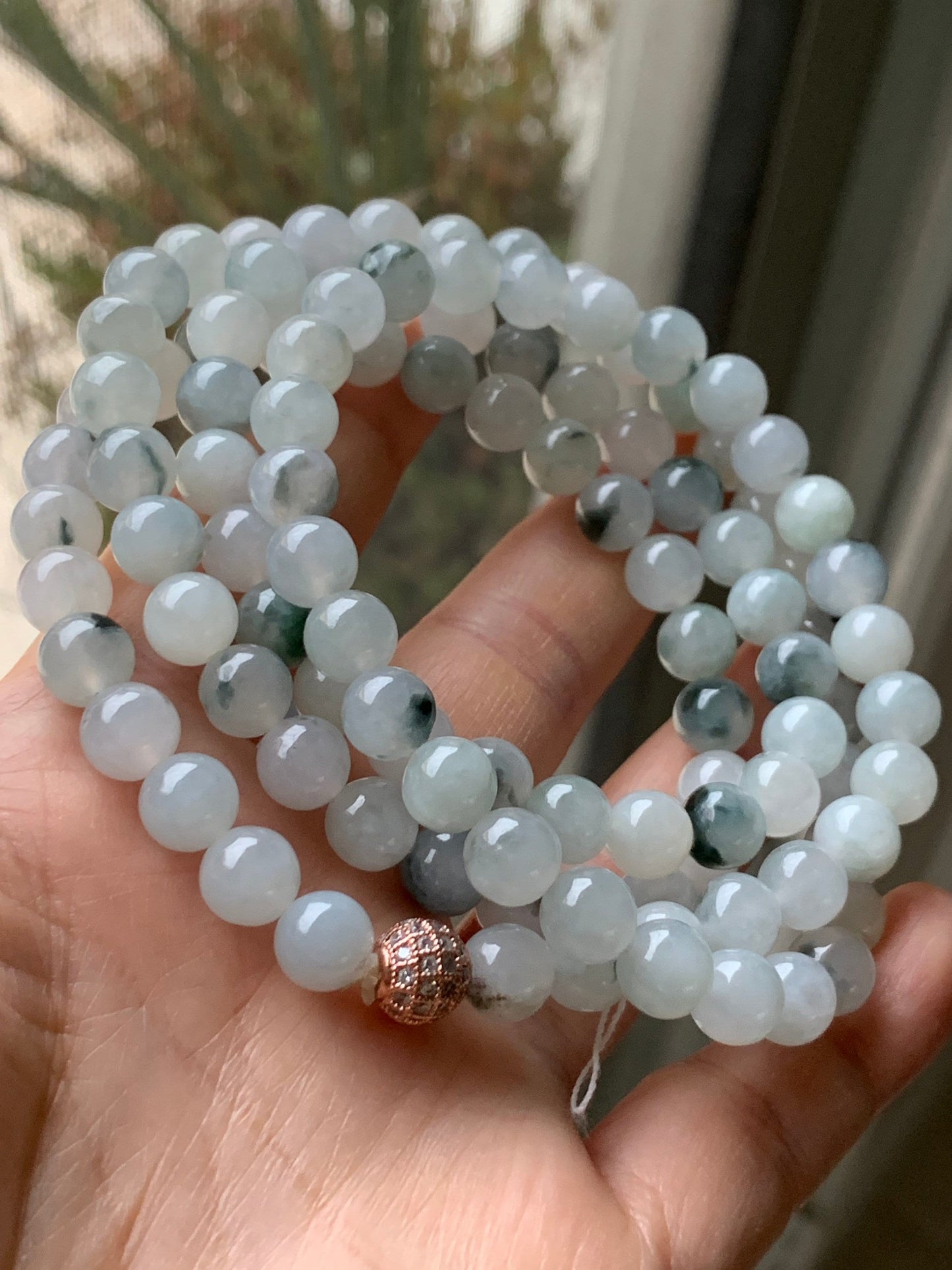 High End Burmese Natural Icy Translucent Gelatinous White With Dark Green Marbling Jadeite Beaded Necklace 8mm 31.5” 天然缅甸玛瑙底冰飘绿花翡翠长串起冰起胶