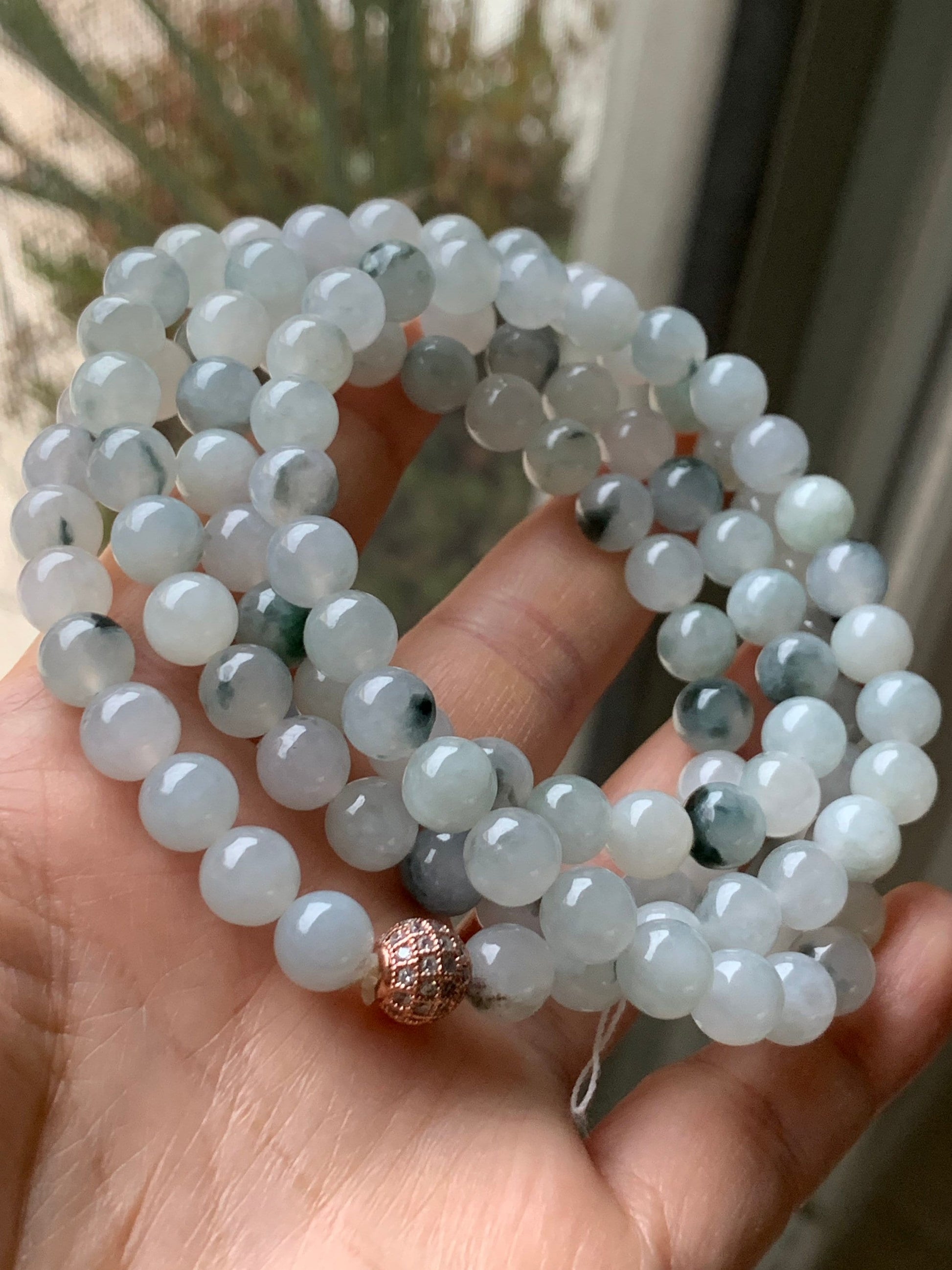 High End Burmese Natural Icy Translucent Gelatinous White With Dark Green Marbling Jadeite Beaded Necklace 8mm 31.5” 天然缅甸玛瑙底冰飘绿花翡翠长串起冰起胶
