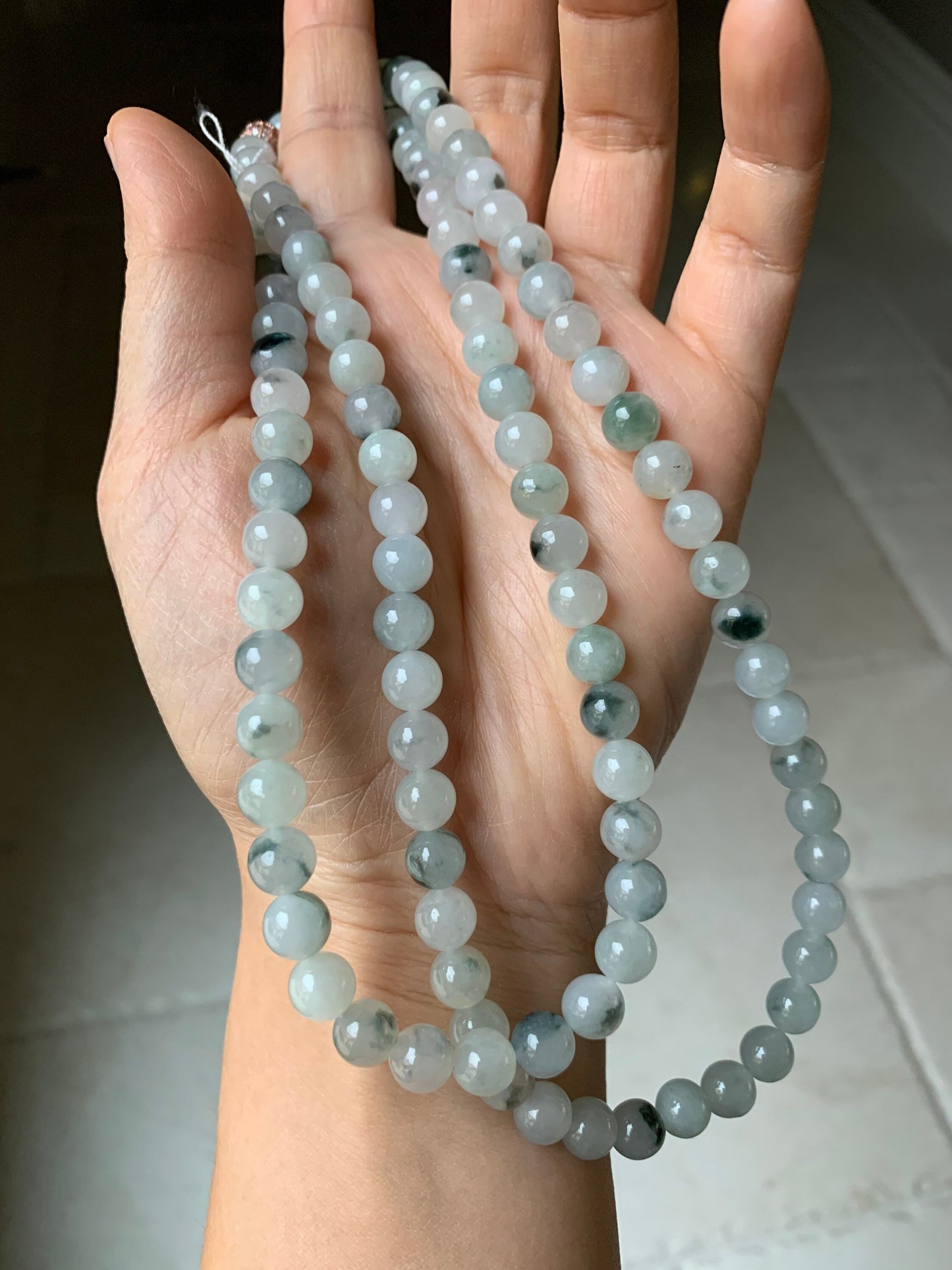 High End Burmese Natural Icy Translucent Gelatinous White With Dark Green Marbling Jadeite Beaded Necklace 8mm 31.5” 天然缅甸玛瑙底冰飘绿花翡翠长串起冰起胶