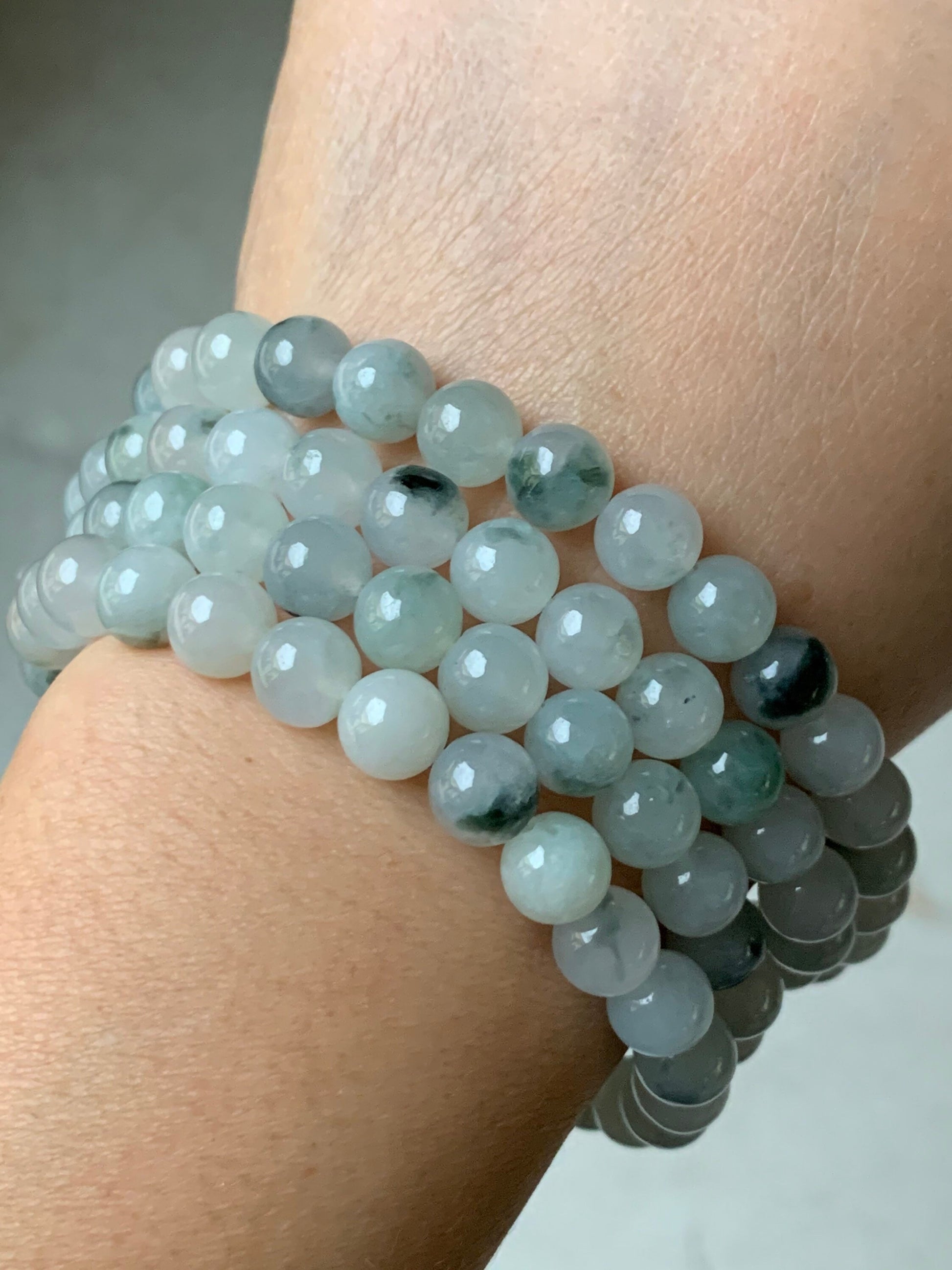 High End Burmese Natural Icy Translucent Gelatinous White With Dark Green Marbling Jadeite Beaded Necklace 8mm 31.5” 天然缅甸玛瑙底冰飘绿花翡翠长串起冰起胶