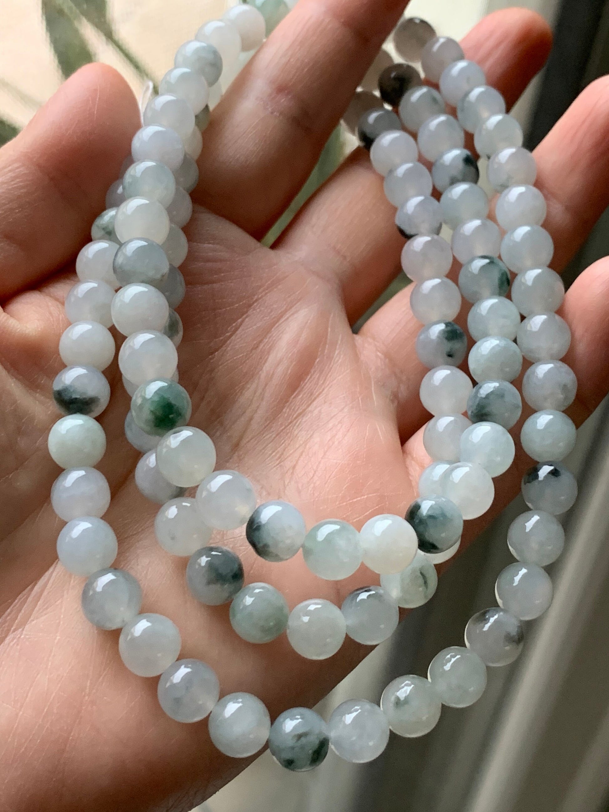 High End Burmese Natural Icy Translucent Gelatinous White With Dark Green Marbling Jadeite Beaded Necklace 8mm 31.5” 天然缅甸玛瑙底冰飘绿花翡翠长串起冰起胶