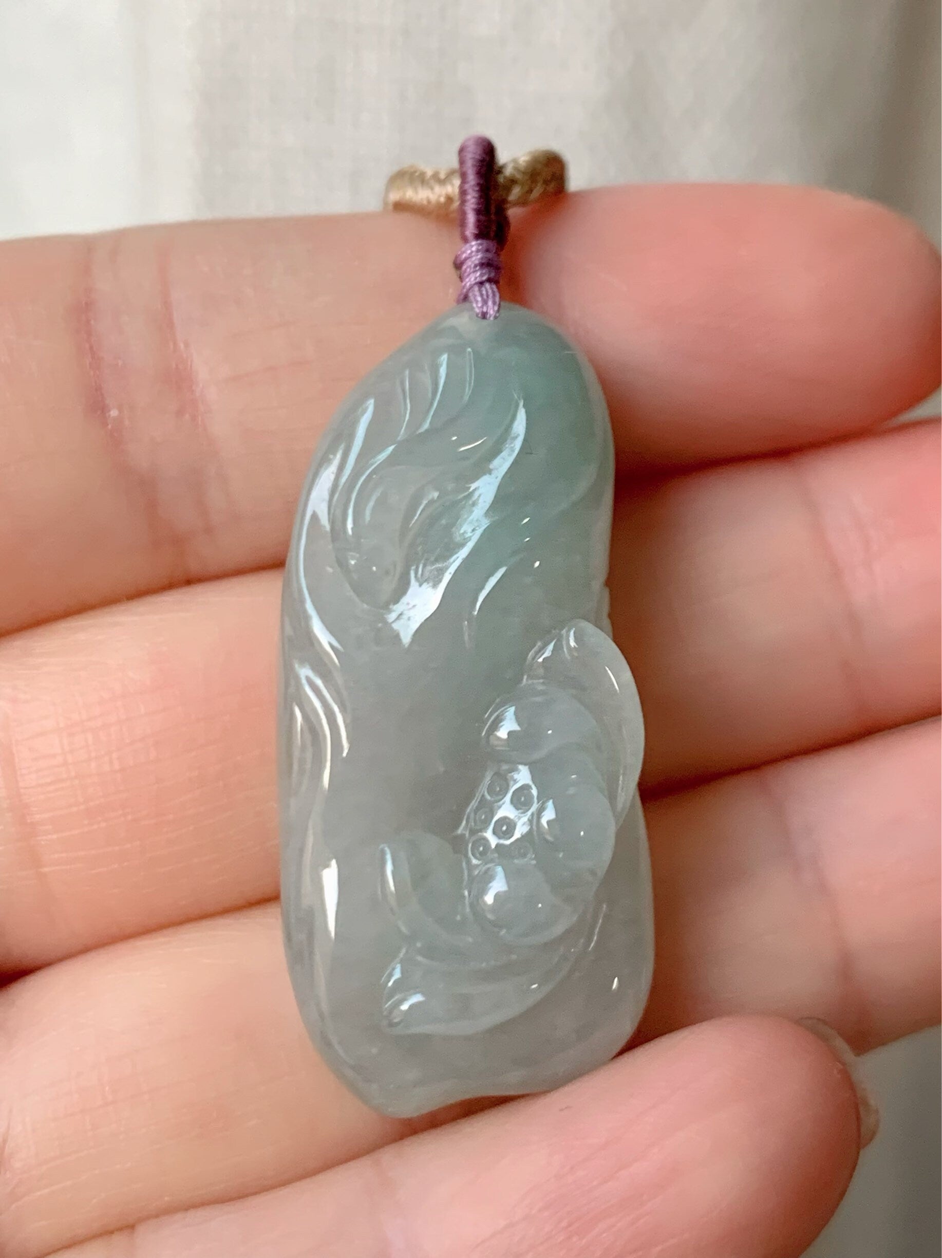 Natural Burmese Premium Icy Highly Translucent Icy Light Green Jadeite Fish and Lotus Flower Pendant Rope Necklace 天然冰晴底飘绿花翡翠荷叶鱼吊坠
