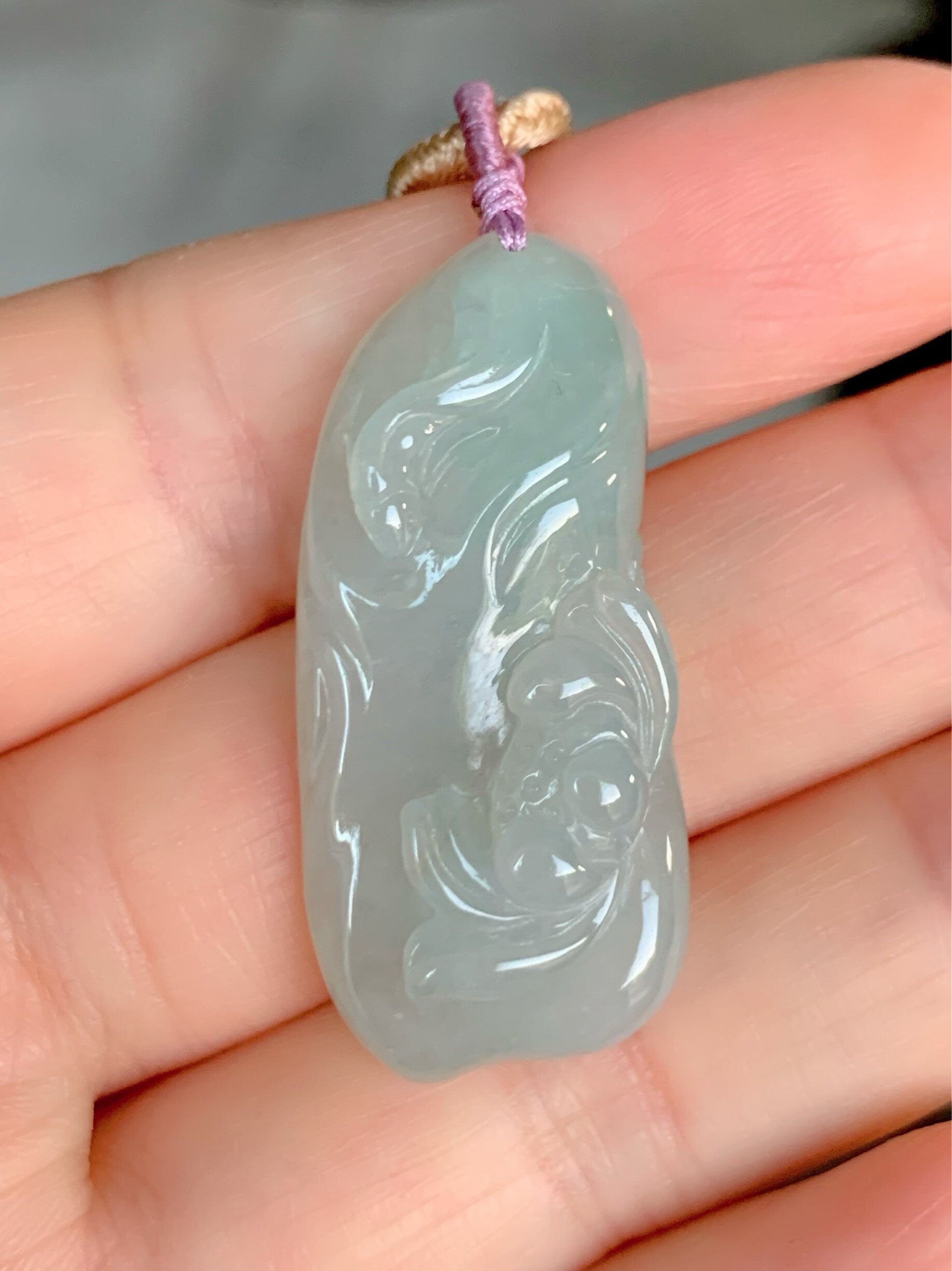 Natural Burmese Premium Icy Highly Translucent Icy Light Green Jadeite Fish and Lotus Flower Pendant Rope Necklace 天然冰晴底飘绿花翡翠荷叶鱼吊坠