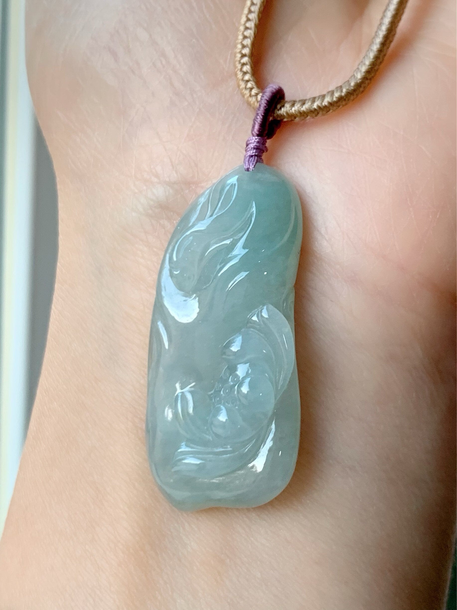 Natural Burmese Premium Icy Highly Translucent Icy Light Green Jadeite Fish and Lotus Flower Pendant Rope Necklace 天然冰晴底飘绿花翡翠荷叶鱼吊坠
