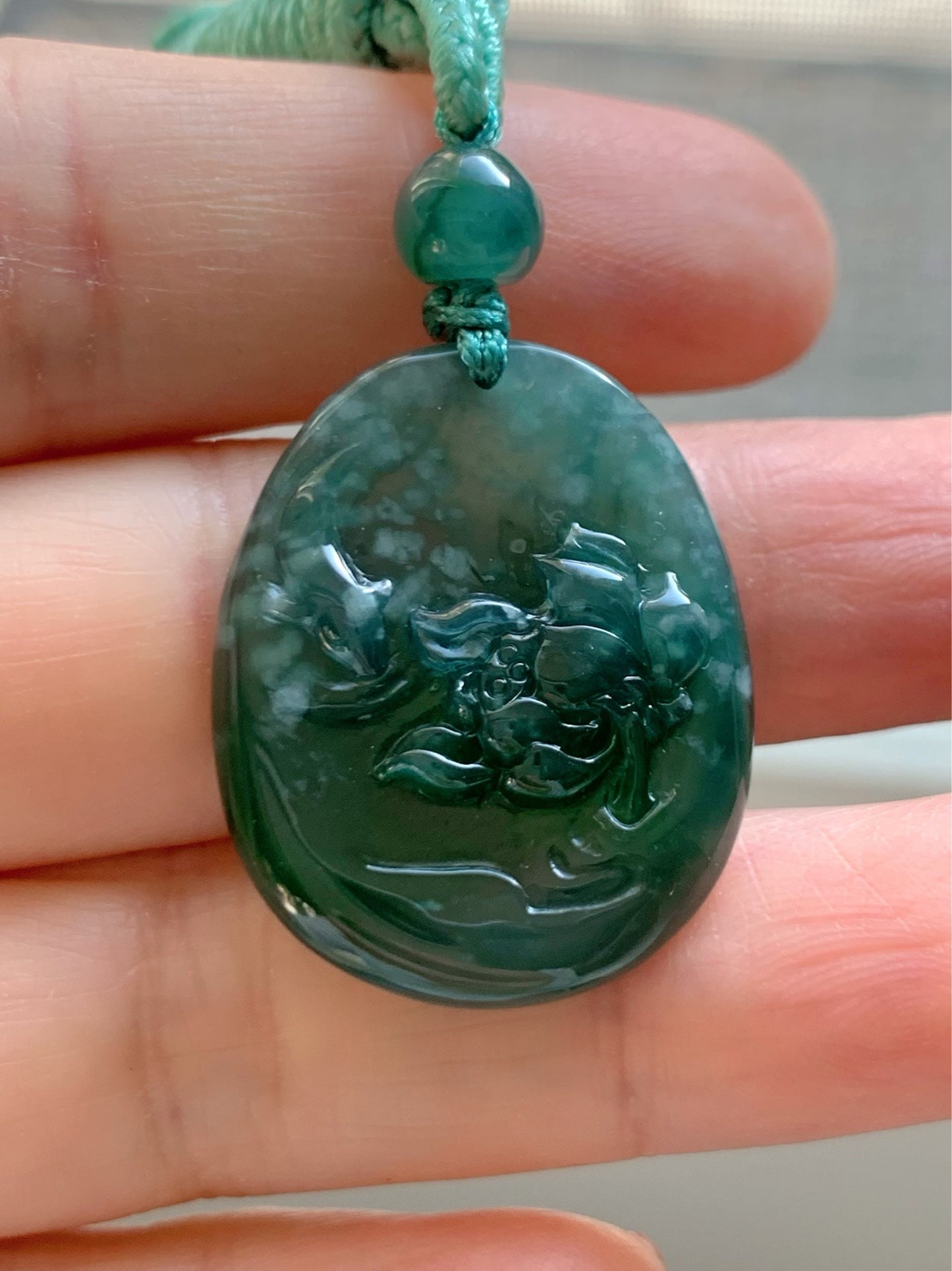 Fish and Lotus Flower Jadeite Pendant Guatemalan Natural Premium Highly Translucent Blue and Green Jadeite Necklace 高冰危蓝翡翠荷花鱼吊坠