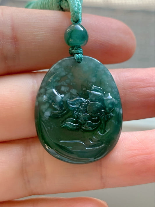 Fish and Lotus Flower Jadeite Pendant Guatemalan Natural Premium Highly Translucent Blue and Green Jadeite Necklace 高冰危蓝翡翠荷花鱼吊坠