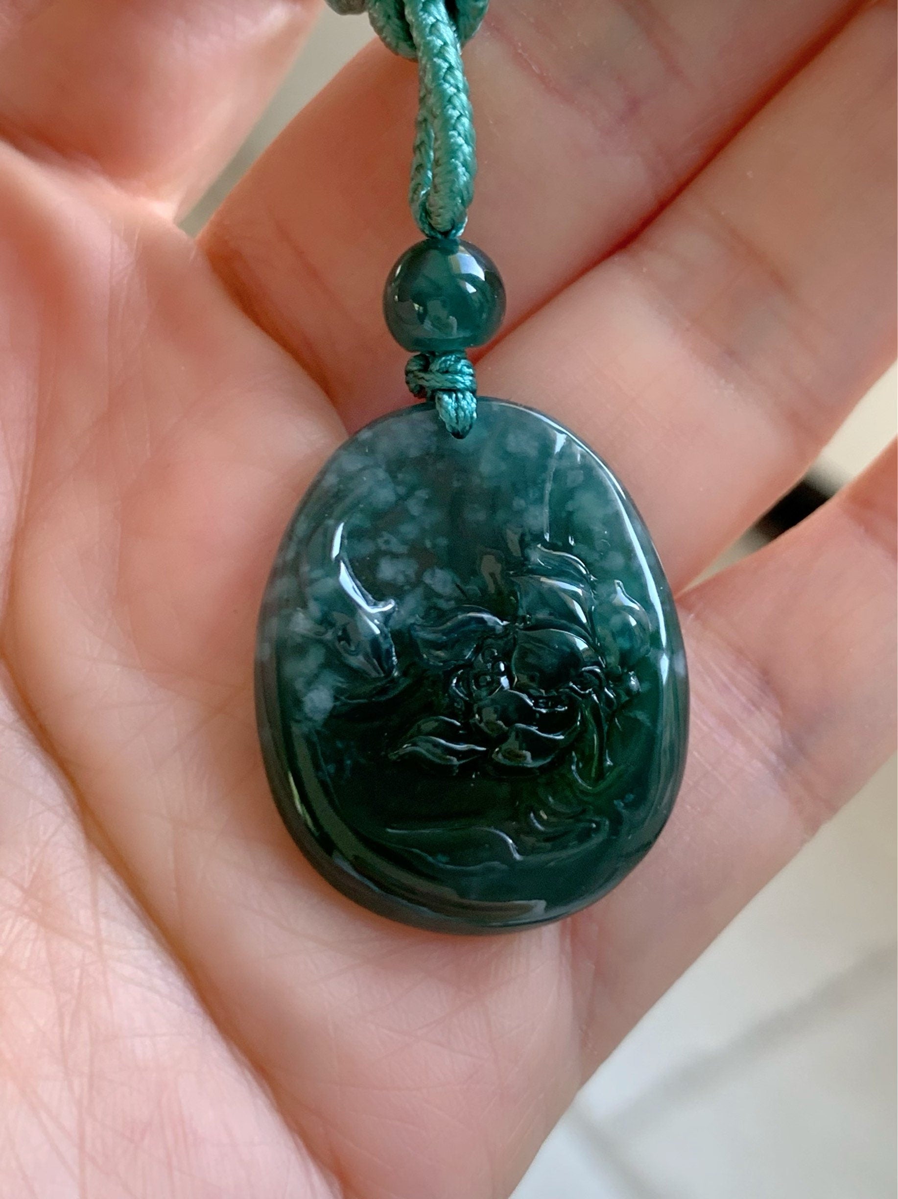 Fish and Lotus Flower Jadeite Pendant Guatemalan Natural Premium Highly Translucent Blue and Green Jadeite Necklace 高冰危蓝翡翠荷花鱼吊坠