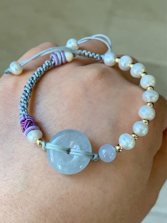 Burmese Natural Icy Translucent Sky Blue Jadeite Ping An Kou Bracelet with Freshwater Pearls adjustable 6-8” 天然缅甸冰蓝底平安扣手绳