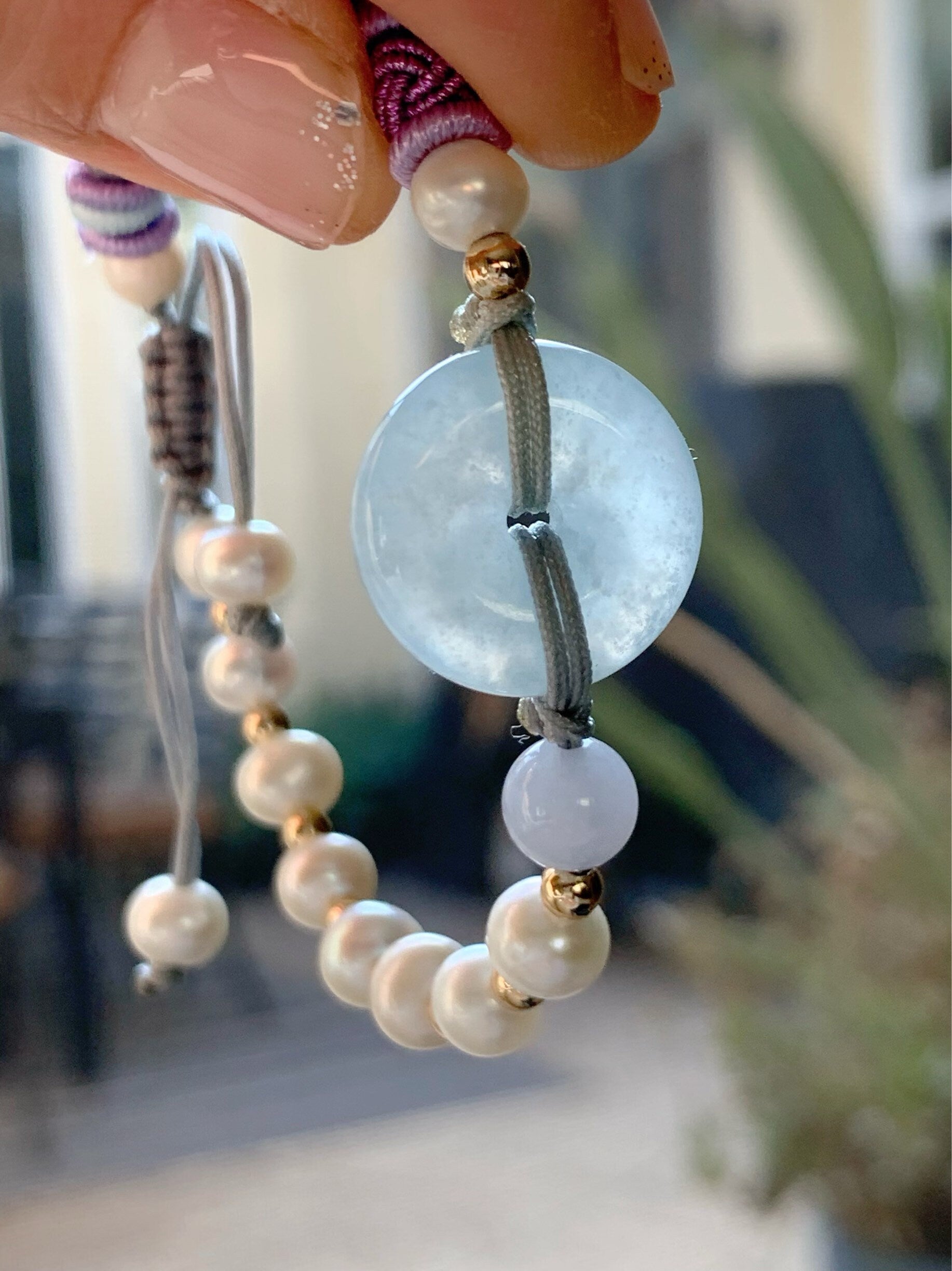 Burmese Natural Icy Translucent Sky Blue Jadeite Ping An Kou Bracelet with Freshwater Pearls adjustable 6-8” 天然缅甸冰蓝底平安扣手绳
