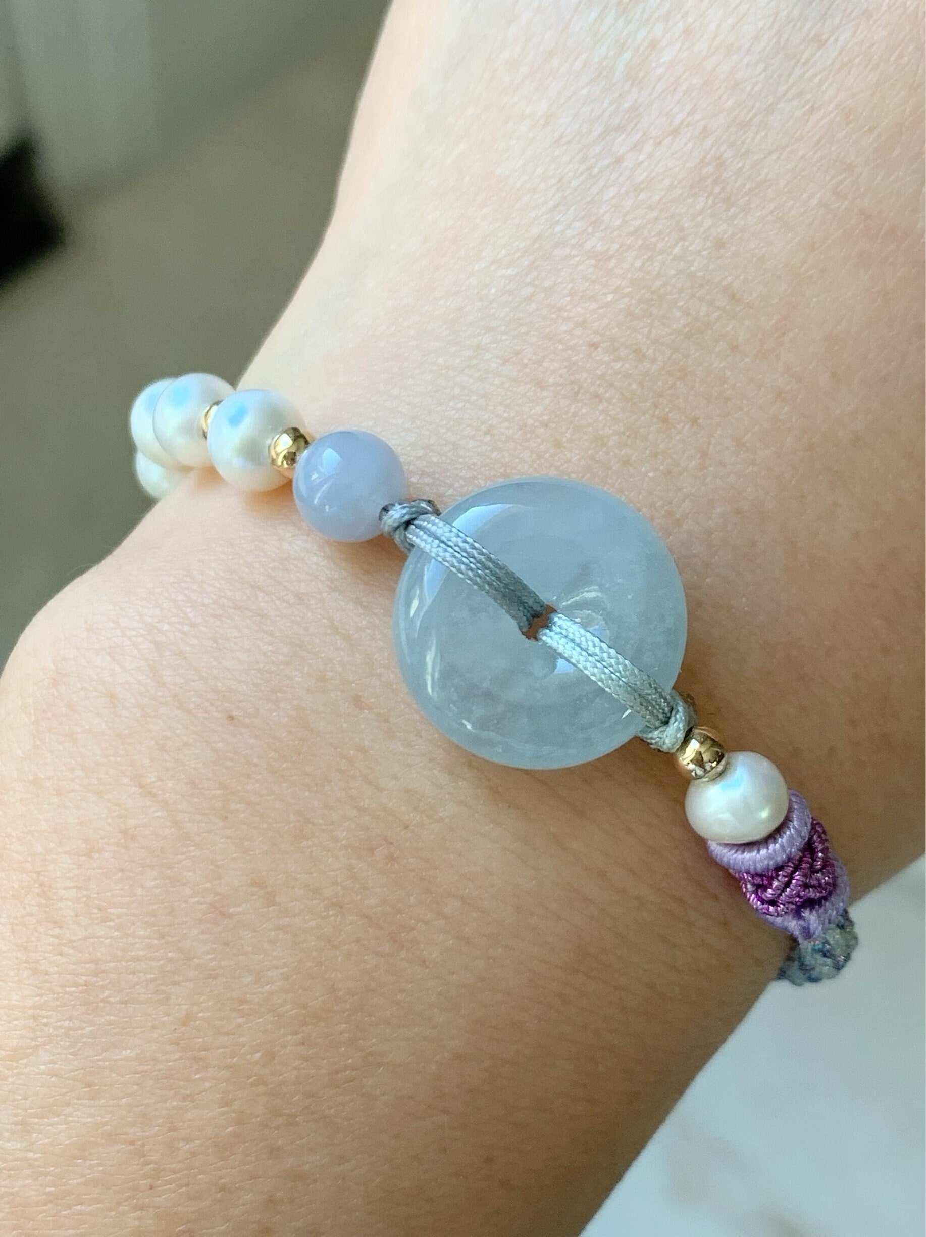 Burmese Natural Icy Translucent Sky Blue Jadeite Ping An Kou Bracelet with Freshwater Pearls adjustable 6-8” 天然缅甸冰蓝底平安扣手绳