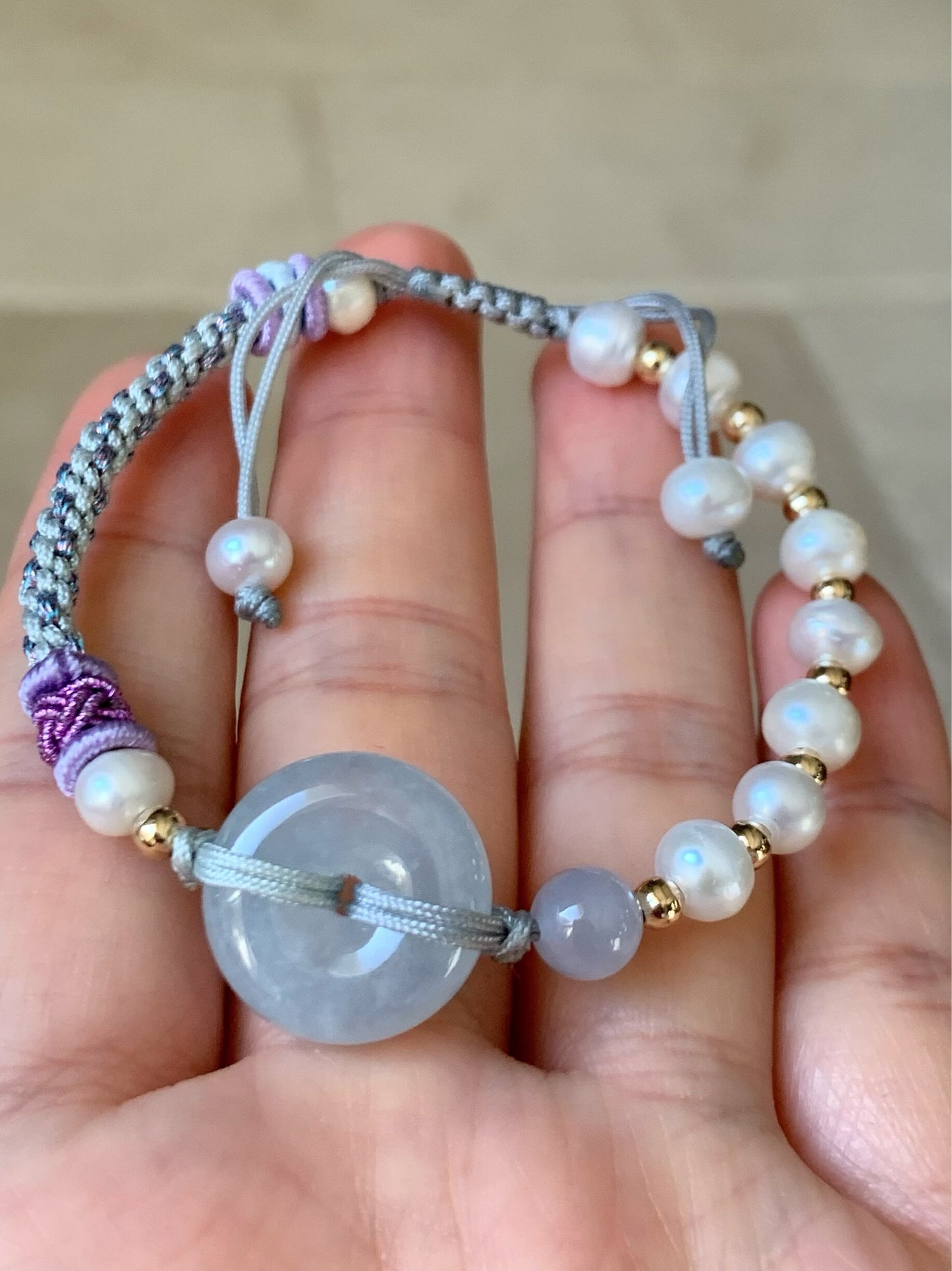 Burmese Natural Icy Translucent Sky Blue Jadeite Ping An Kou Bracelet with Freshwater Pearls adjustable 6-8” 天然缅甸冰蓝底平安扣手绳