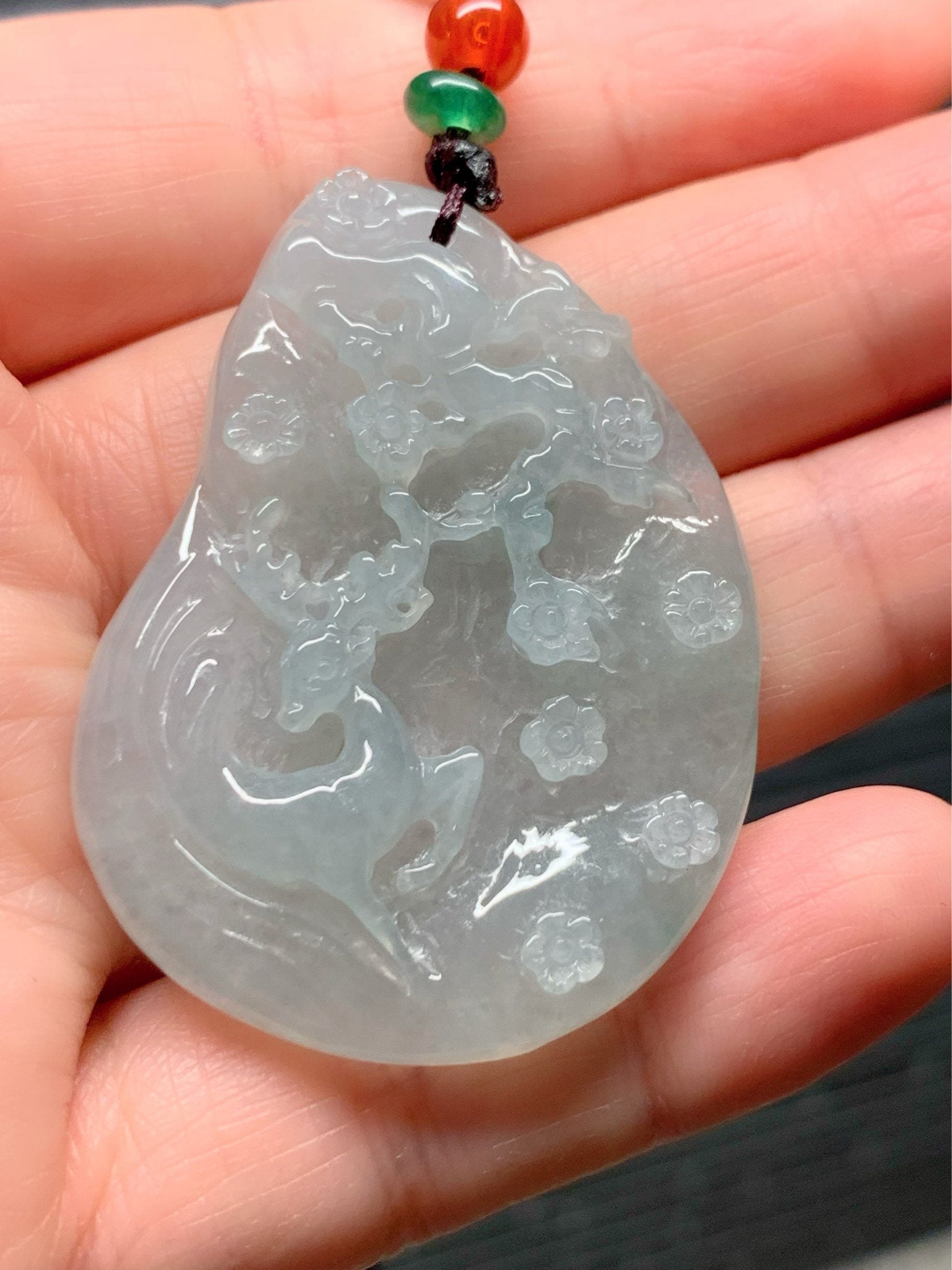HUGE Beautiful Natural Burmese Premium Translucent Light Green Jadeite Deer Pendant Carved Deer Tag Necklace 天然缅甸翡翠冰晴底鹿牌吊坠