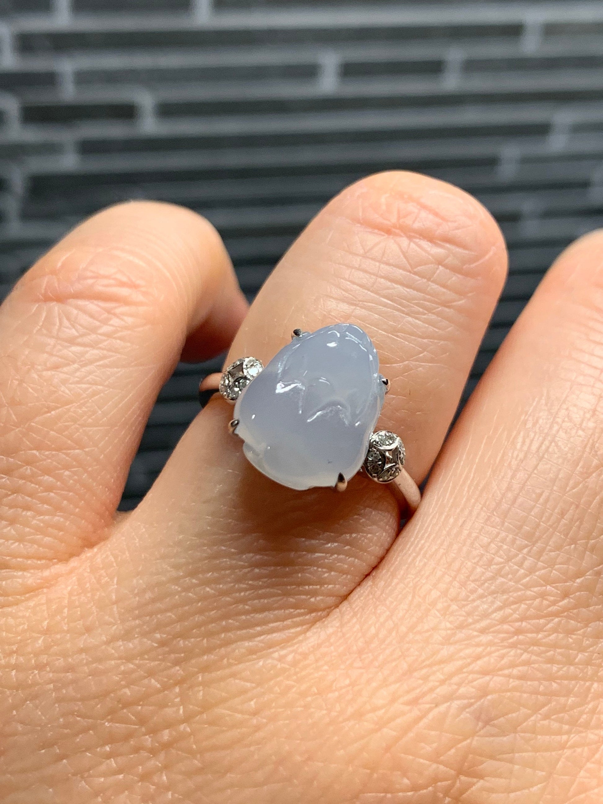Certified Natural Burmese Icy Sky Blue Premium Three-legged Toad Jadeite Ring Size 7 18K White Gold with Diamonds 天然缅甸冰胶天空蓝翡翠揭阳工三脚金蟾镶嵌戒指