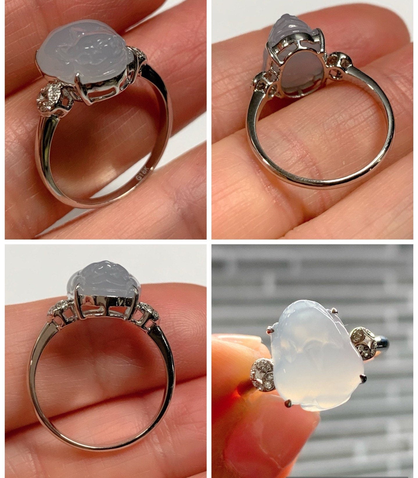 Certified Natural Burmese Icy Sky Blue Premium Three-legged Toad Jadeite Ring Size 7 18K White Gold with Diamonds 天然缅甸冰胶天空蓝翡翠揭阳工三脚金蟾镶嵌戒指