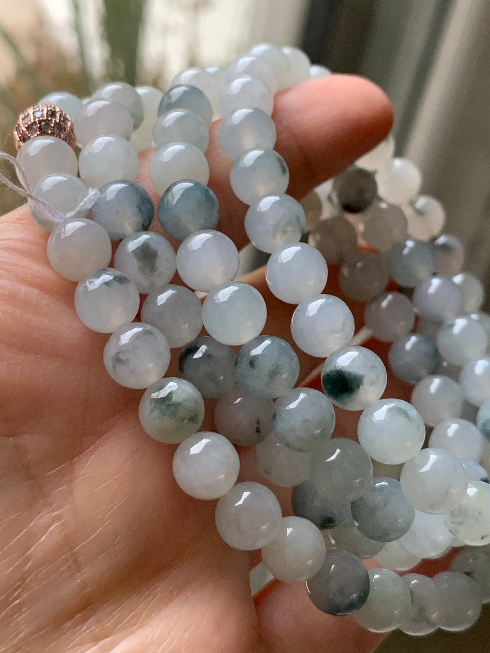 High End Burmese Natural Icy Translucent Gelatinous White With Dark Green Marbling Jadeite Beaded Necklace 8mm 31.5” 天然缅甸玛瑙底冰飘绿花翡翠长串起冰起胶