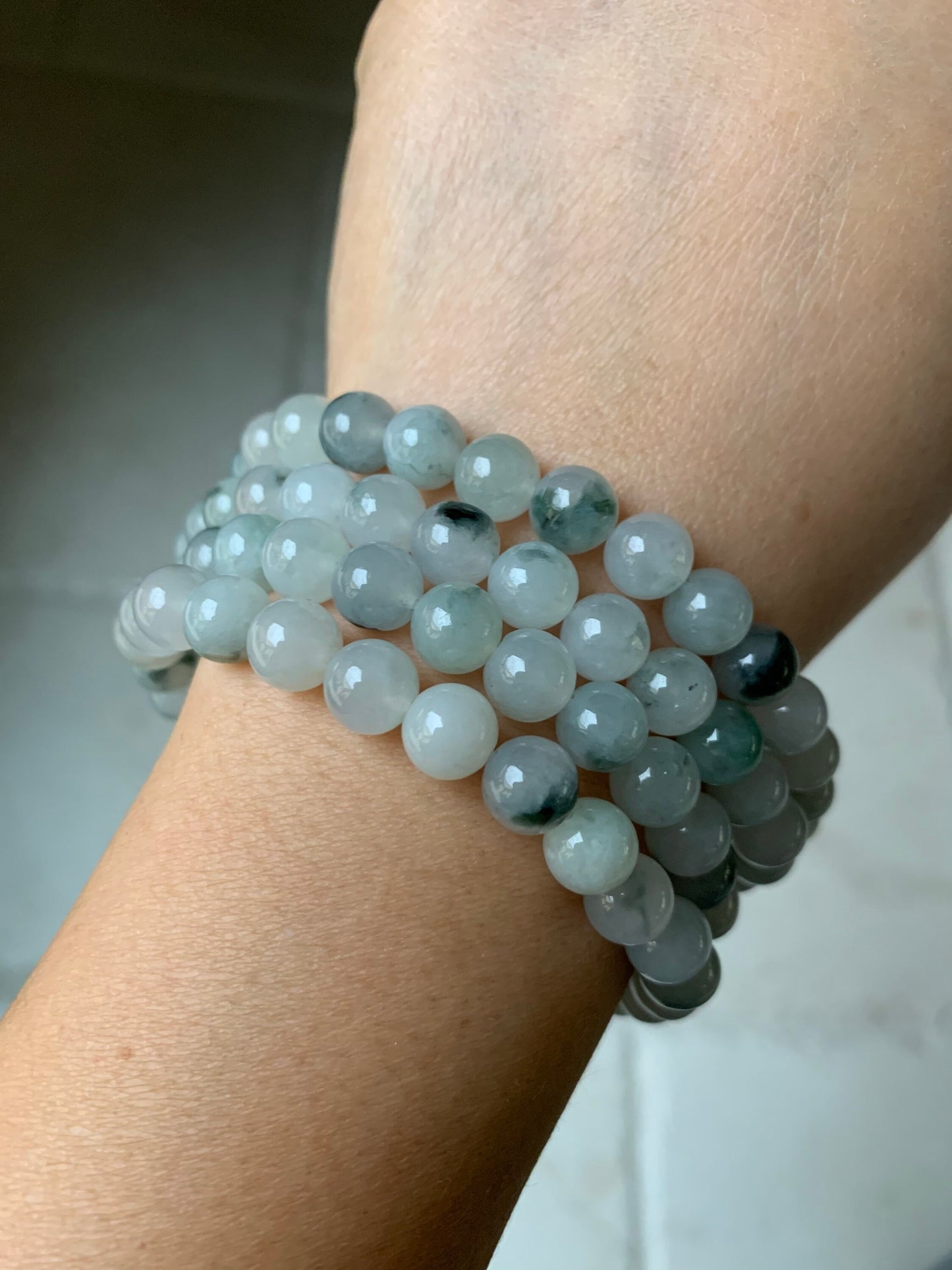 High End Burmese Natural Icy Translucent Gelatinous White With Dark Green Marbling Jadeite Beaded Necklace 8mm 31.5” 天然缅甸玛瑙底冰飘绿花翡翠长串起冰起胶