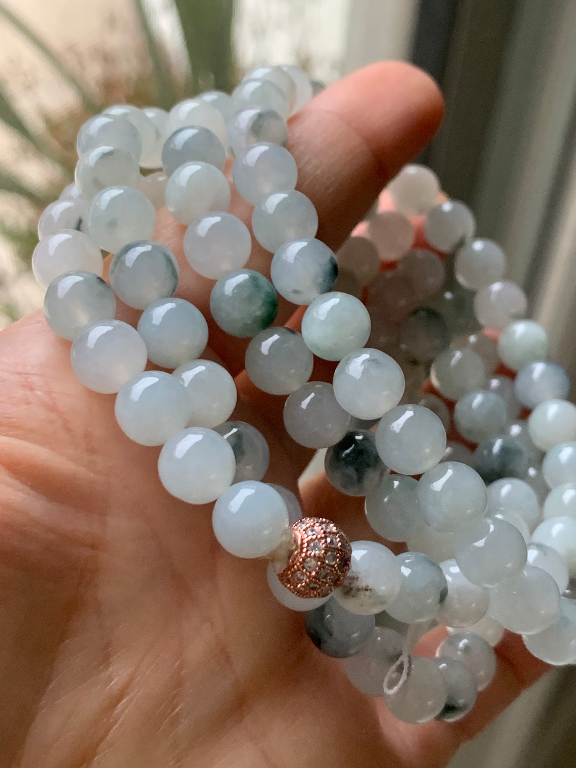High End Burmese Natural Icy Translucent Gelatinous White With Dark Green Marbling Jadeite Beaded Necklace 8mm 31.5” 天然缅甸玛瑙底冰飘绿花翡翠长串起冰起胶