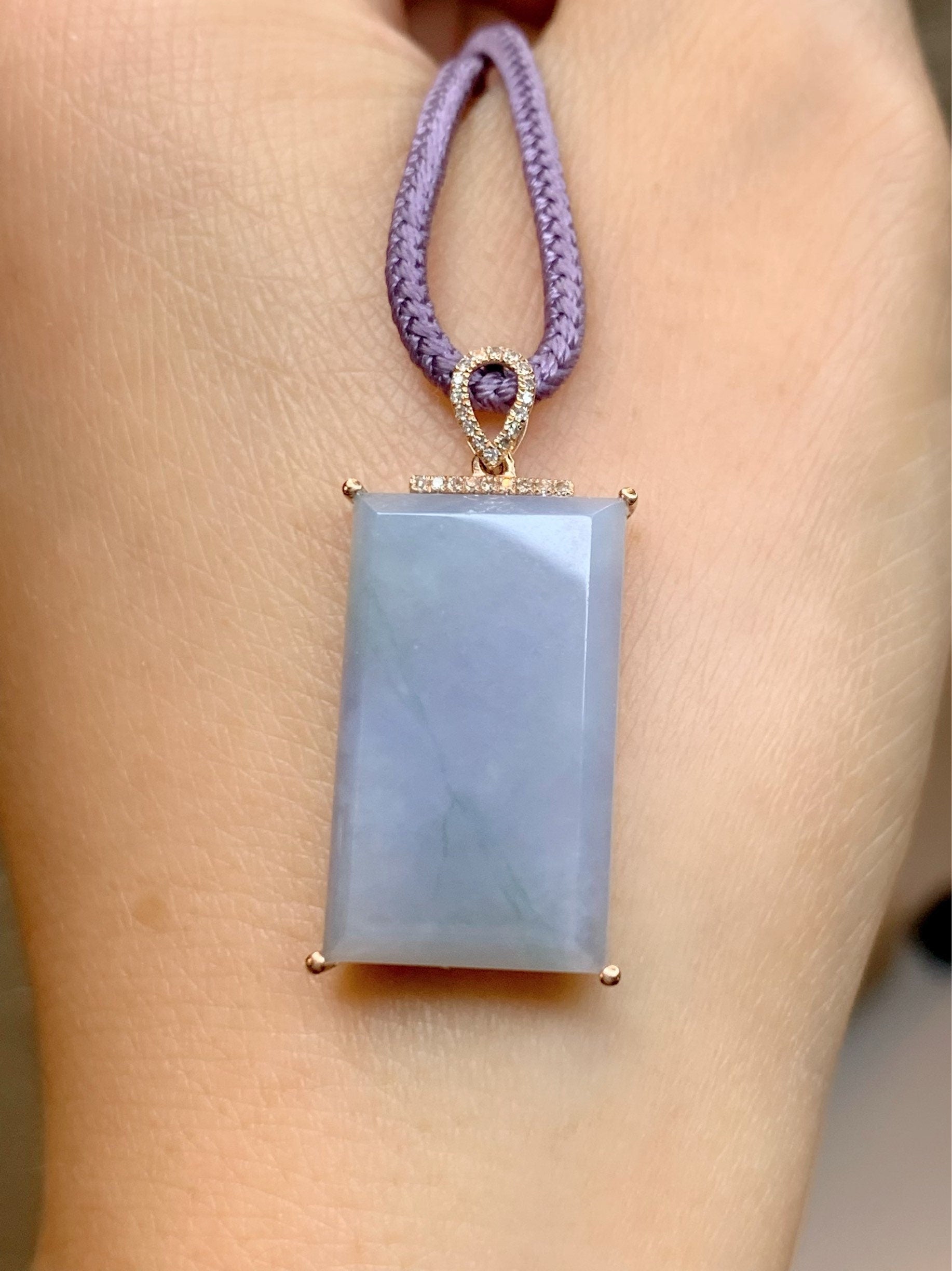 Certified Natural Burmese Purple Jadeite with Green Marbling and Genuine Diamonds Wu Shi Pai Pendant 18K Rose Gold 天然缅甸翡翠糯冰紫飘绿花钻石镶嵌无事牌吊坠