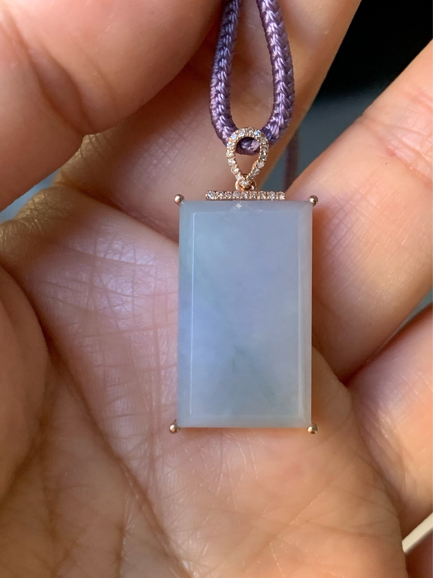 Certified Natural Burmese Purple Jadeite with Green Marbling and Genuine Diamonds Wu Shi Pai Pendant 18K Rose Gold 天然缅甸翡翠糯冰紫飘绿花钻石镶嵌无事牌吊坠
