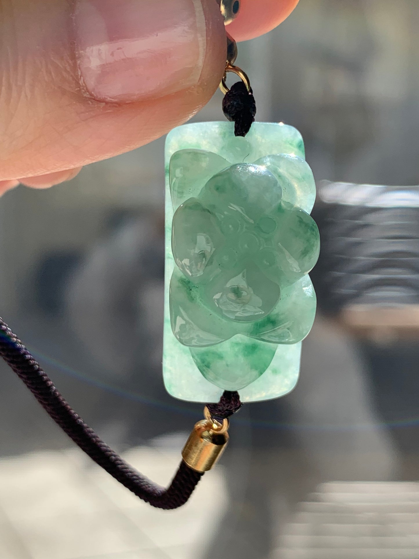Natural Burmese Icy Translucent Light Green with Green Marbling Jadeite Lotus Flower Bracelet Adjustable up to 10” 天然缅甸翡翠晴底飘绿花莲花手牌