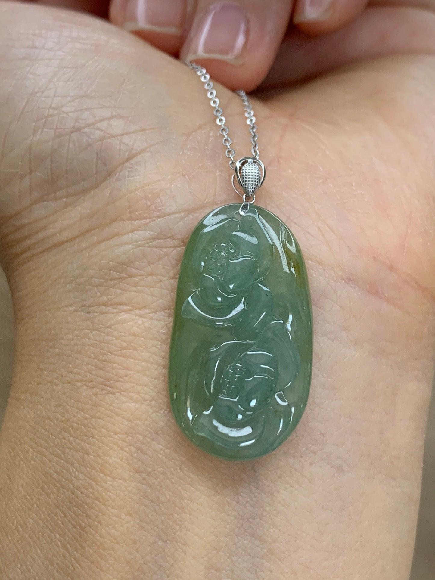 Natural Burmese grade A Icy Translucent Green and Yellow Blended Jadeite Lotus Flowers Pendant with 18K White Gold Bail 天然缅甸翡翠正冰双莲花镶嵌吊坠