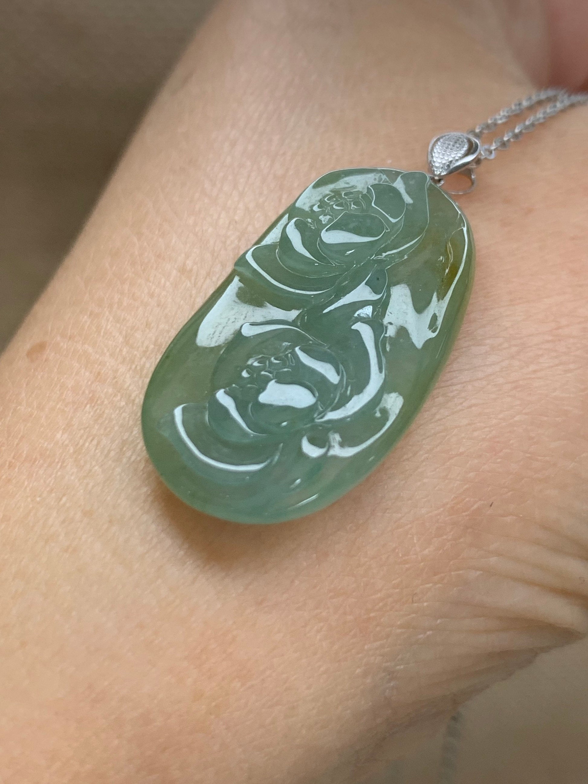 Natural Burmese grade A Icy Translucent Green and Yellow Blended Jadeite Lotus Flowers Pendant with 18K White Gold Bail 天然缅甸翡翠正冰双莲花镶嵌吊坠