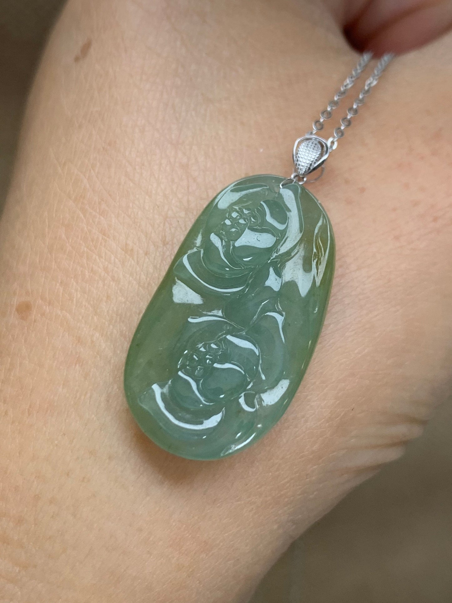 Natural Burmese grade A Icy Translucent Green and Yellow Blended Jadeite Lotus Flowers Pendant with 18K White Gold Bail 天然缅甸翡翠正冰双莲花镶嵌吊坠