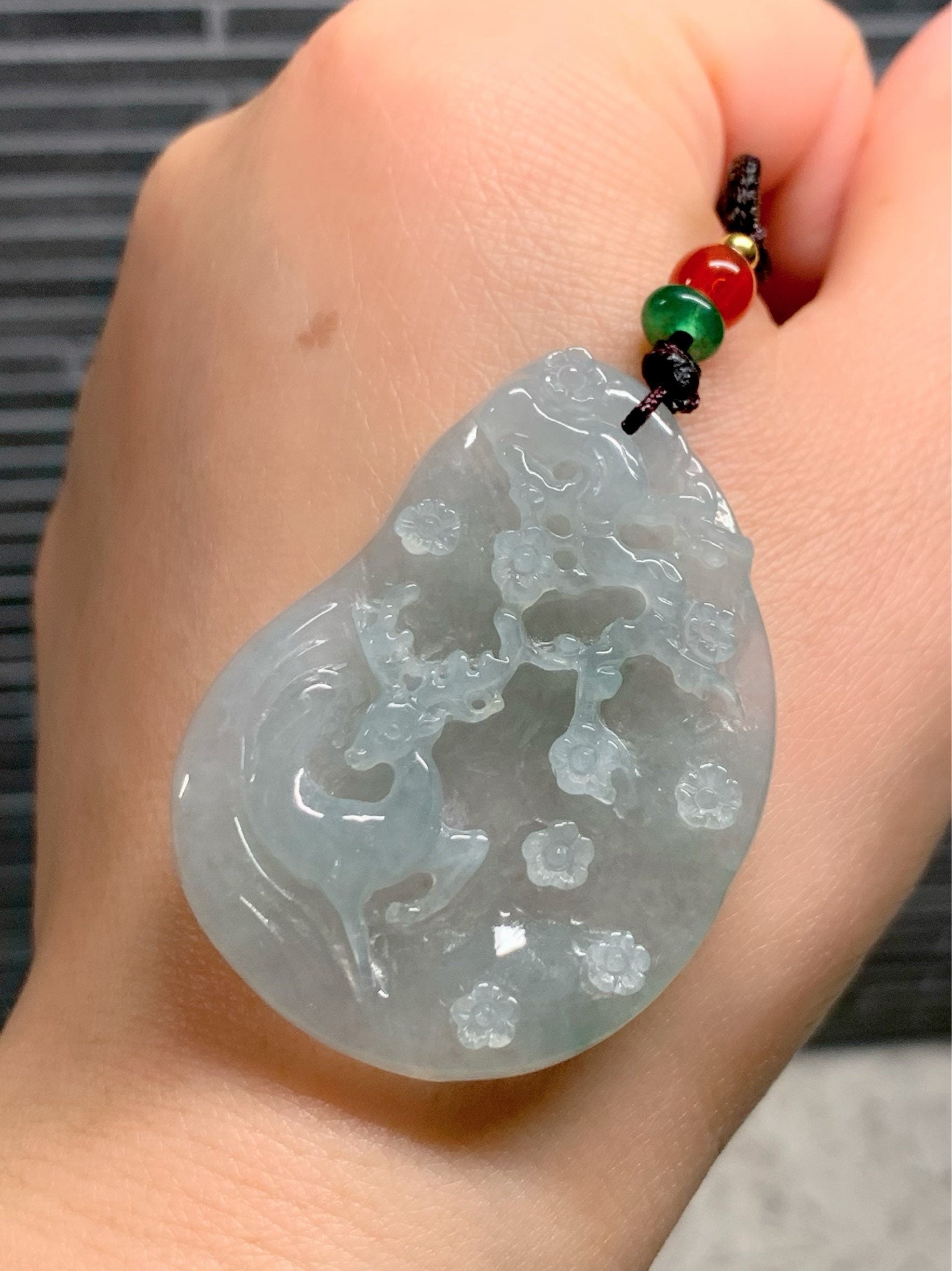 HUGE Beautiful Natural Burmese Premium Translucent Light Green Jadeite Deer Pendant Carved Deer Tag Necklace 天然缅甸翡翠冰晴底鹿牌吊坠