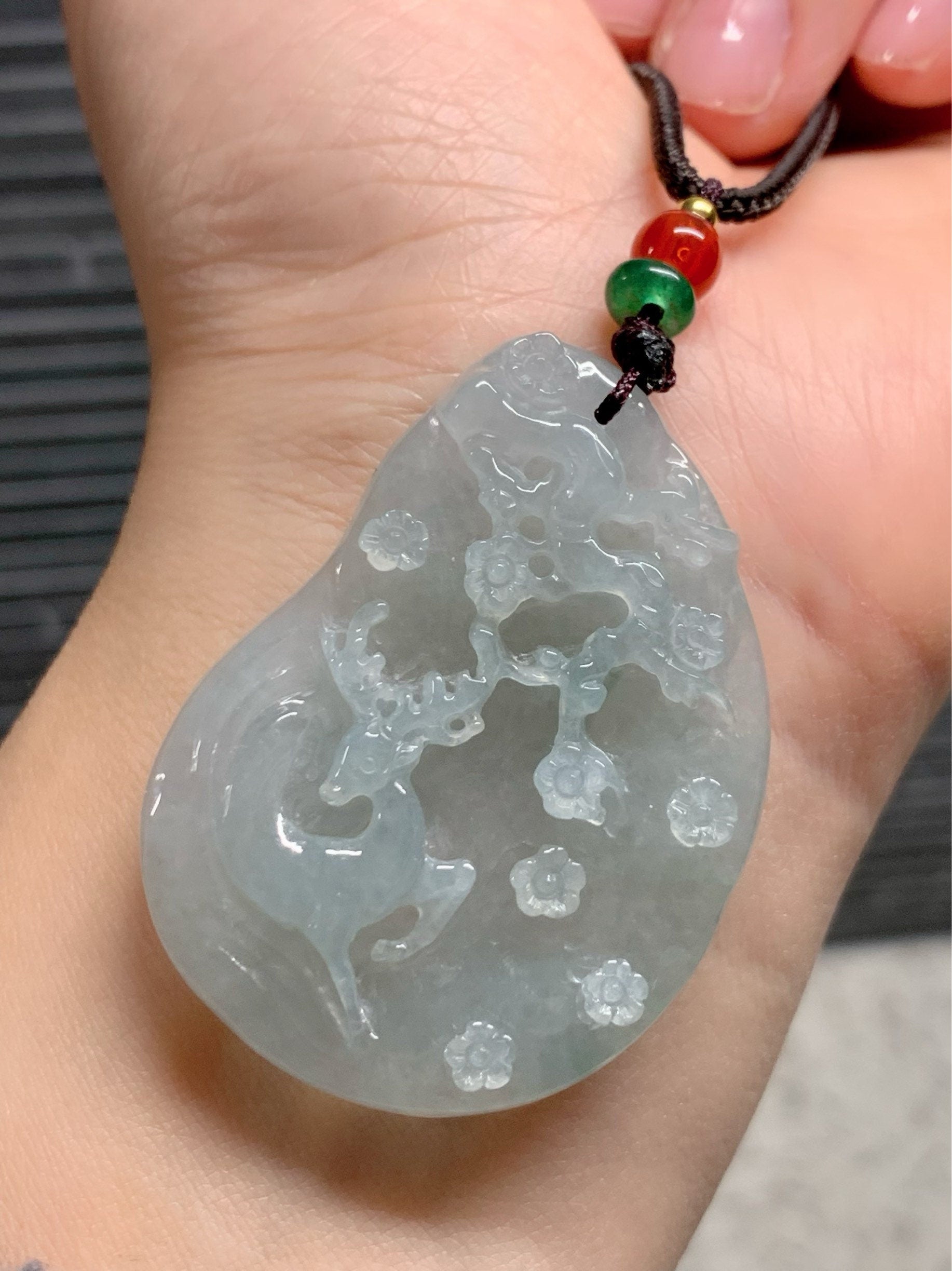 HUGE Beautiful Natural Burmese Premium Translucent Light Green Jadeite Deer Pendant Carved Deer Tag Necklace 天然缅甸翡翠冰晴底鹿牌吊坠