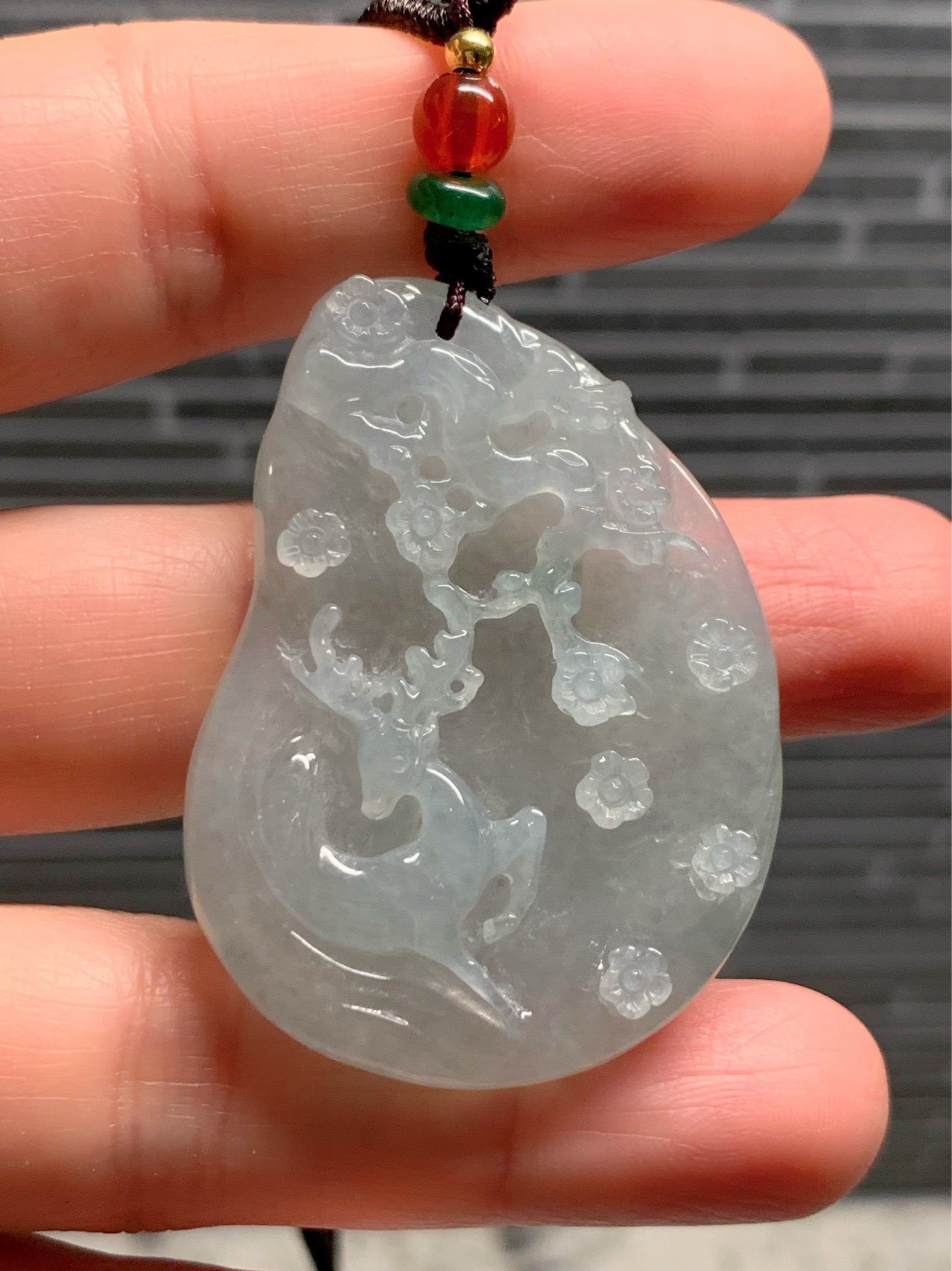 HUGE Beautiful Natural Burmese Premium Translucent Light Green Jadeite Deer Pendant Carved Deer Tag Necklace 天然缅甸翡翠冰晴底鹿牌吊坠