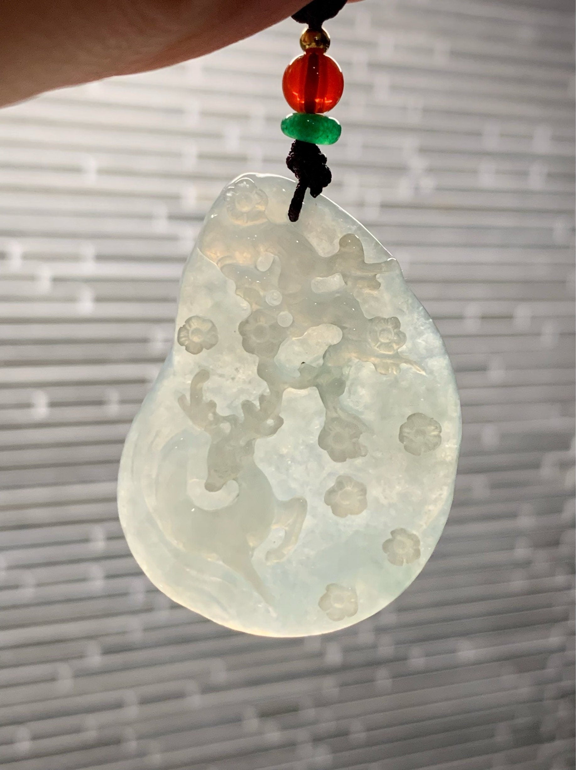 HUGE Beautiful Natural Burmese Premium Translucent Light Green Jadeite Deer Pendant Carved Deer Tag Necklace 天然缅甸翡翠冰晴底鹿牌吊坠