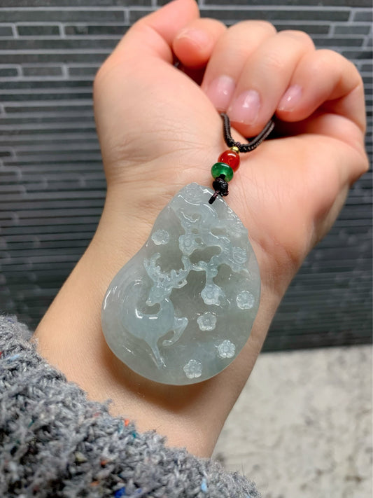 HUGE Beautiful Natural Burmese Premium Translucent Light Green Jadeite Deer Pendant Carved Deer Tag Necklace 天然缅甸翡翠冰晴底鹿牌吊坠
