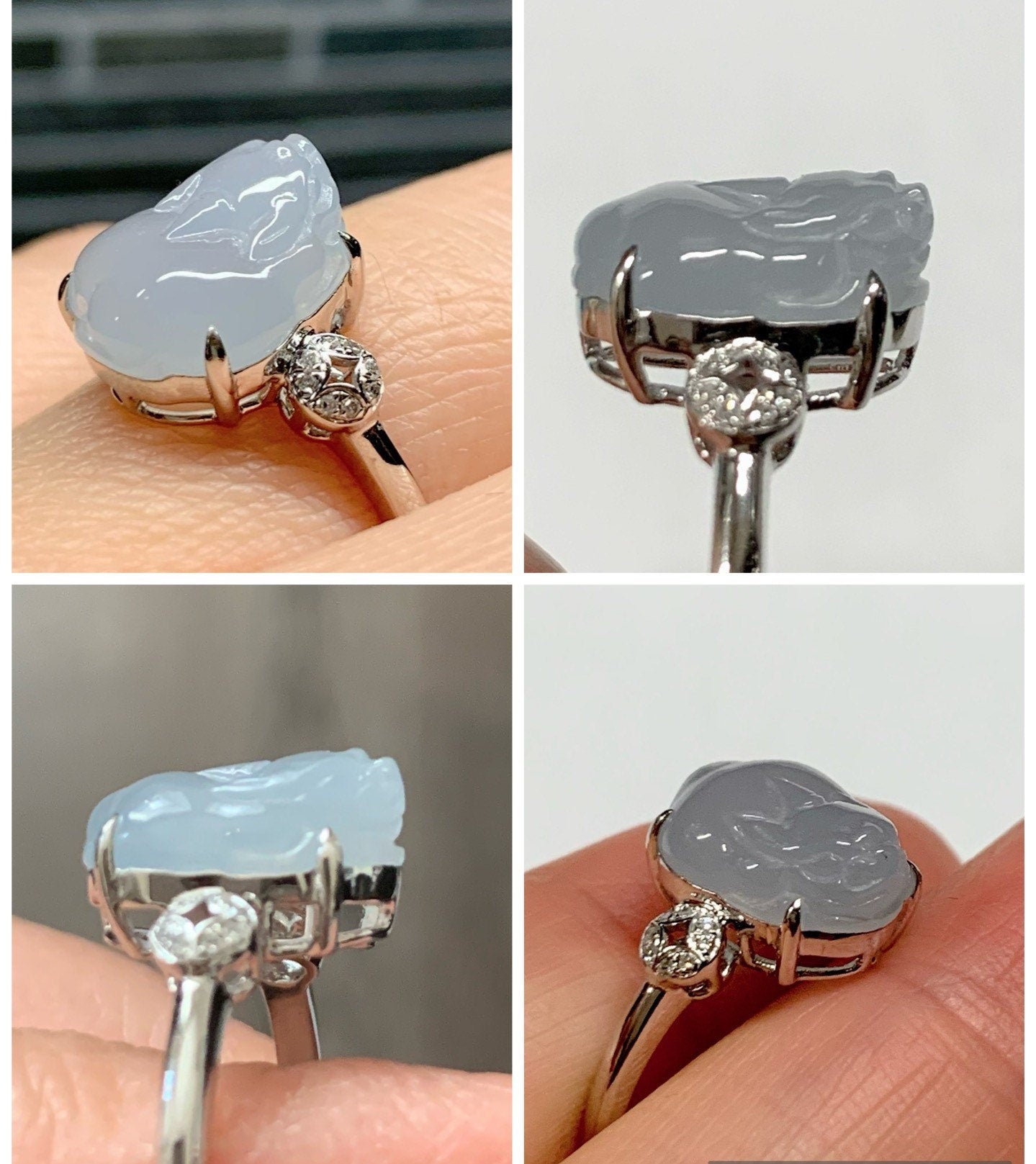 Certified Natural Burmese Icy Sky Blue Premium Three-legged Toad Jadeite Ring Size 7 18K White Gold with Diamonds 天然缅甸冰胶天空蓝翡翠揭阳工三脚金蟾镶嵌戒指