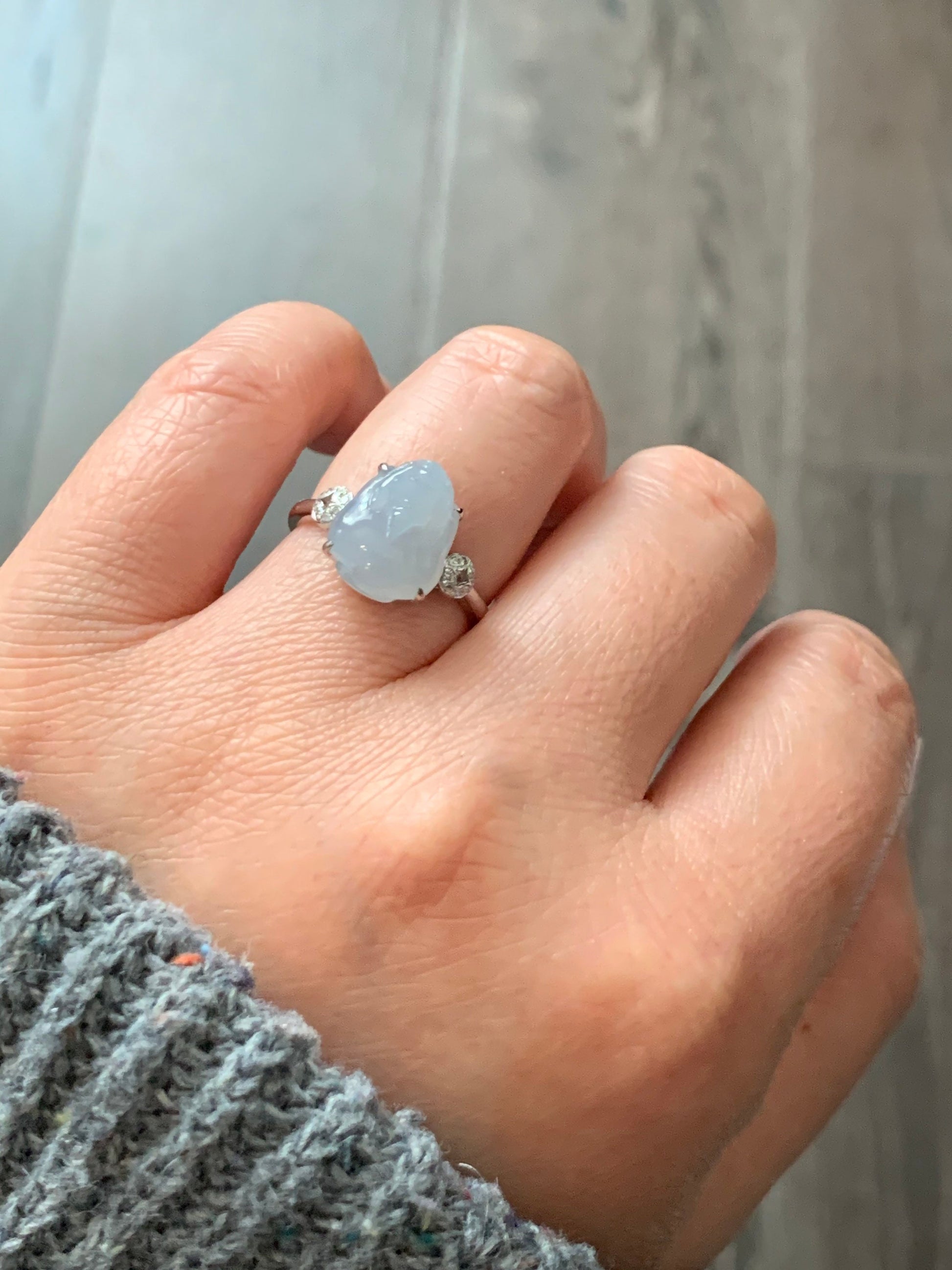 Certified Natural Burmese Icy Sky Blue Premium Three-legged Toad Jadeite Ring Size 7 18K White Gold with Diamonds 天然缅甸冰胶天空蓝翡翠揭阳工三脚金蟾镶嵌戒指