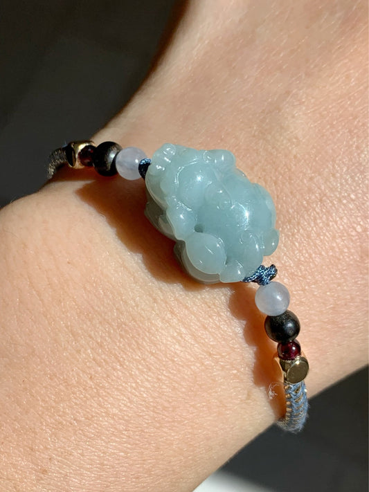Jadeite Pixiu Multi-gem Bracelet Natural Burmese Icy Blue Jadeite Carved Male Pixiu Rope Bracelet Adjustable 5.75-7.5” 天然缅甸糯冰蓝底貔貅多宝手绳