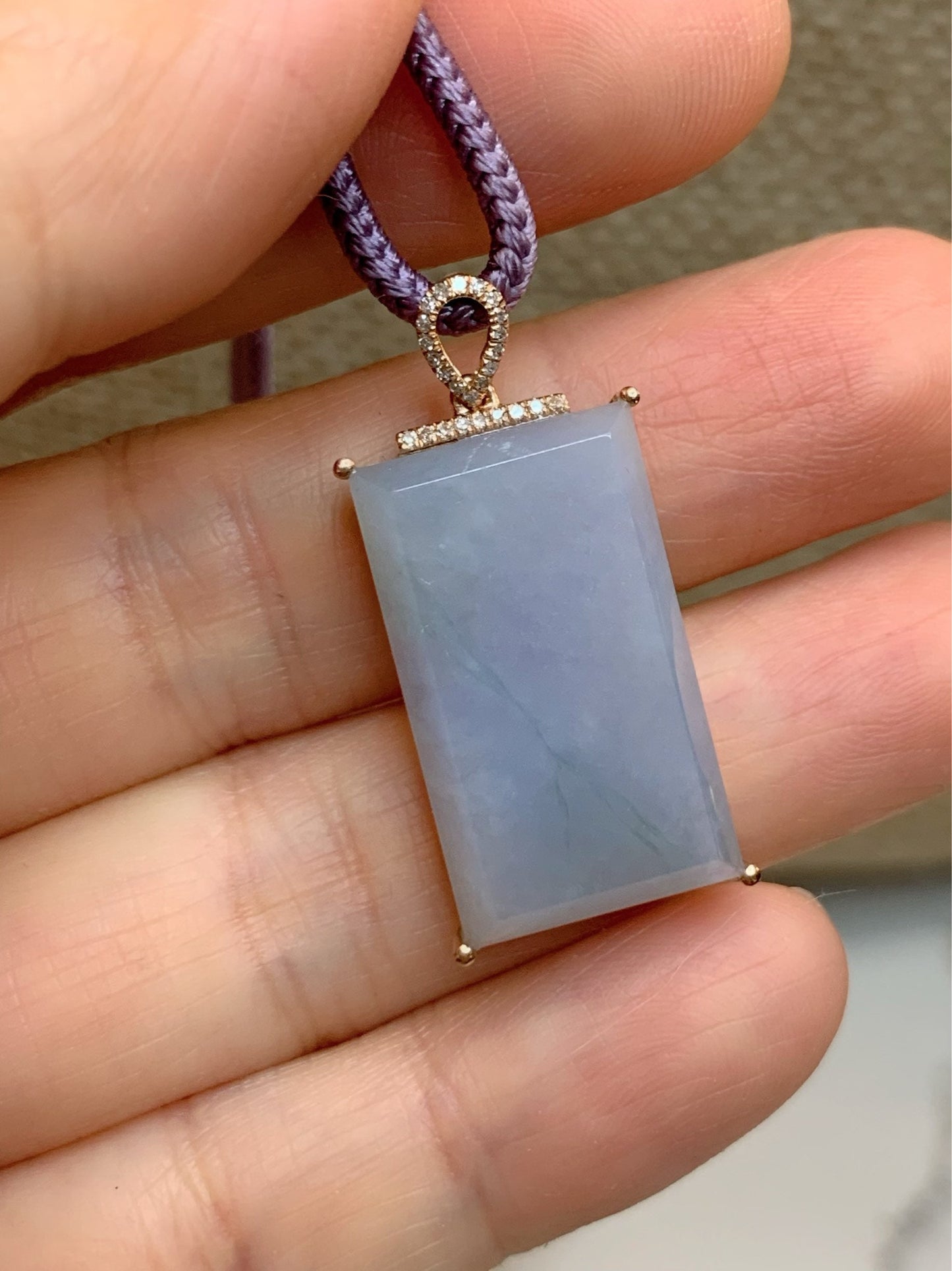 Certified Natural Burmese Purple Jadeite with Green Marbling and Genuine Diamonds Wu Shi Pai Pendant 18K Rose Gold 天然缅甸翡翠糯冰紫飘绿花钻石镶嵌无事牌吊坠