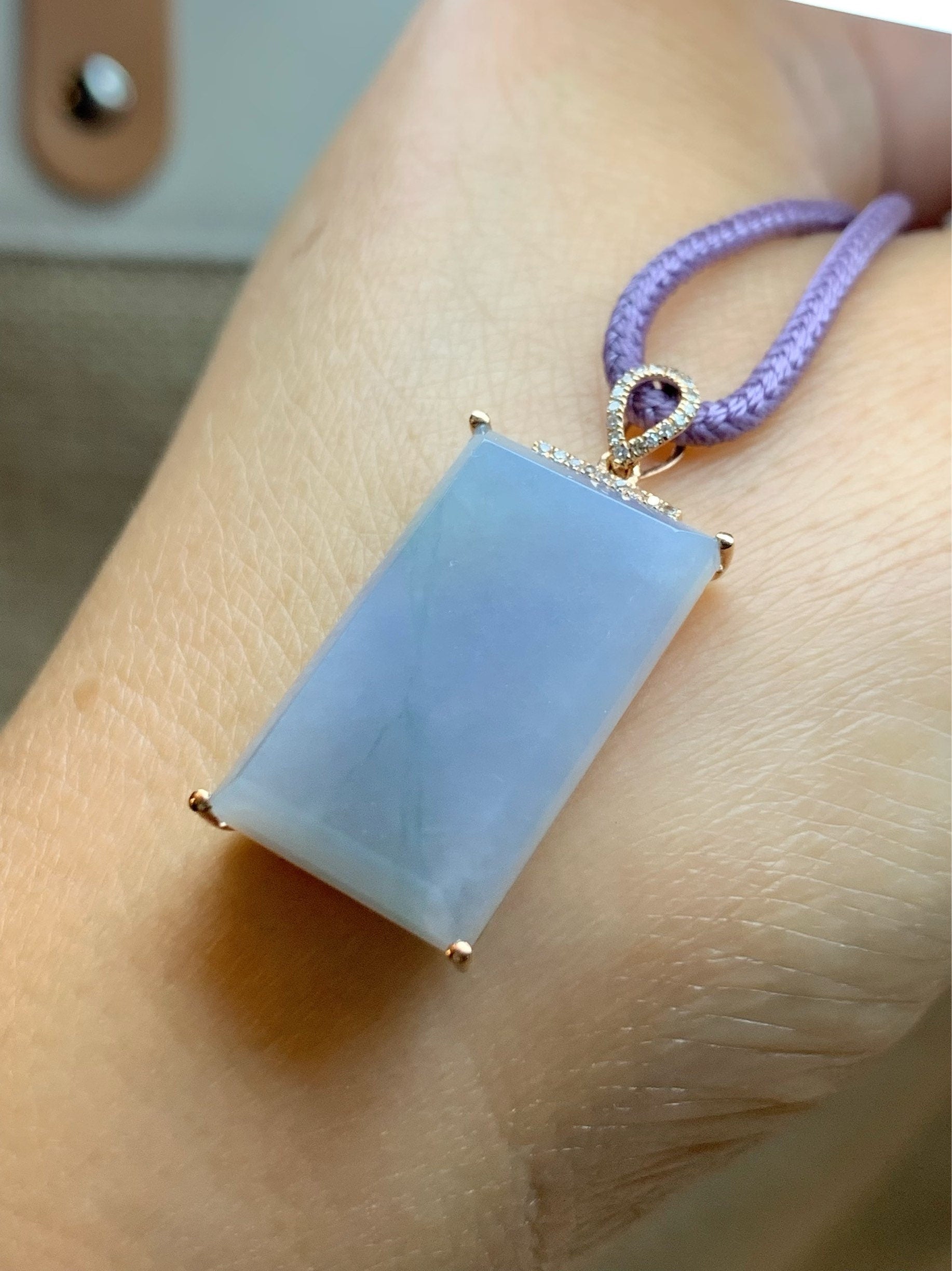 Certified Natural Burmese Purple Jadeite with Green Marbling and Genuine Diamonds Wu Shi Pai Pendant 18K Rose Gold 天然缅甸翡翠糯冰紫飘绿花钻石镶嵌无事牌吊坠