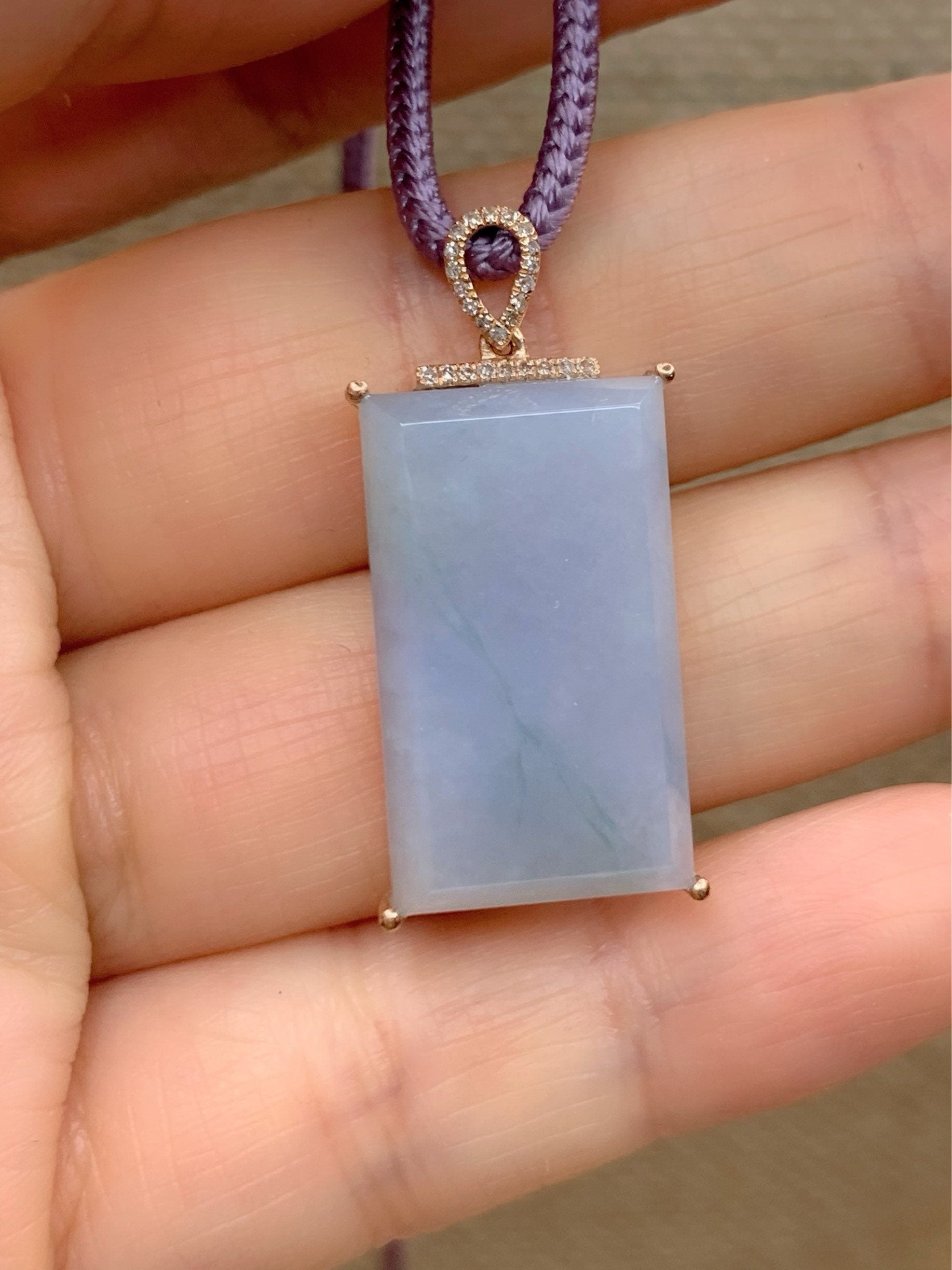 Certified Natural Burmese Purple Jadeite with Green Marbling and Genuine Diamonds Wu Shi Pai Pendant 18K Rose Gold 天然缅甸翡翠糯冰紫飘绿花钻石镶嵌无事牌吊坠