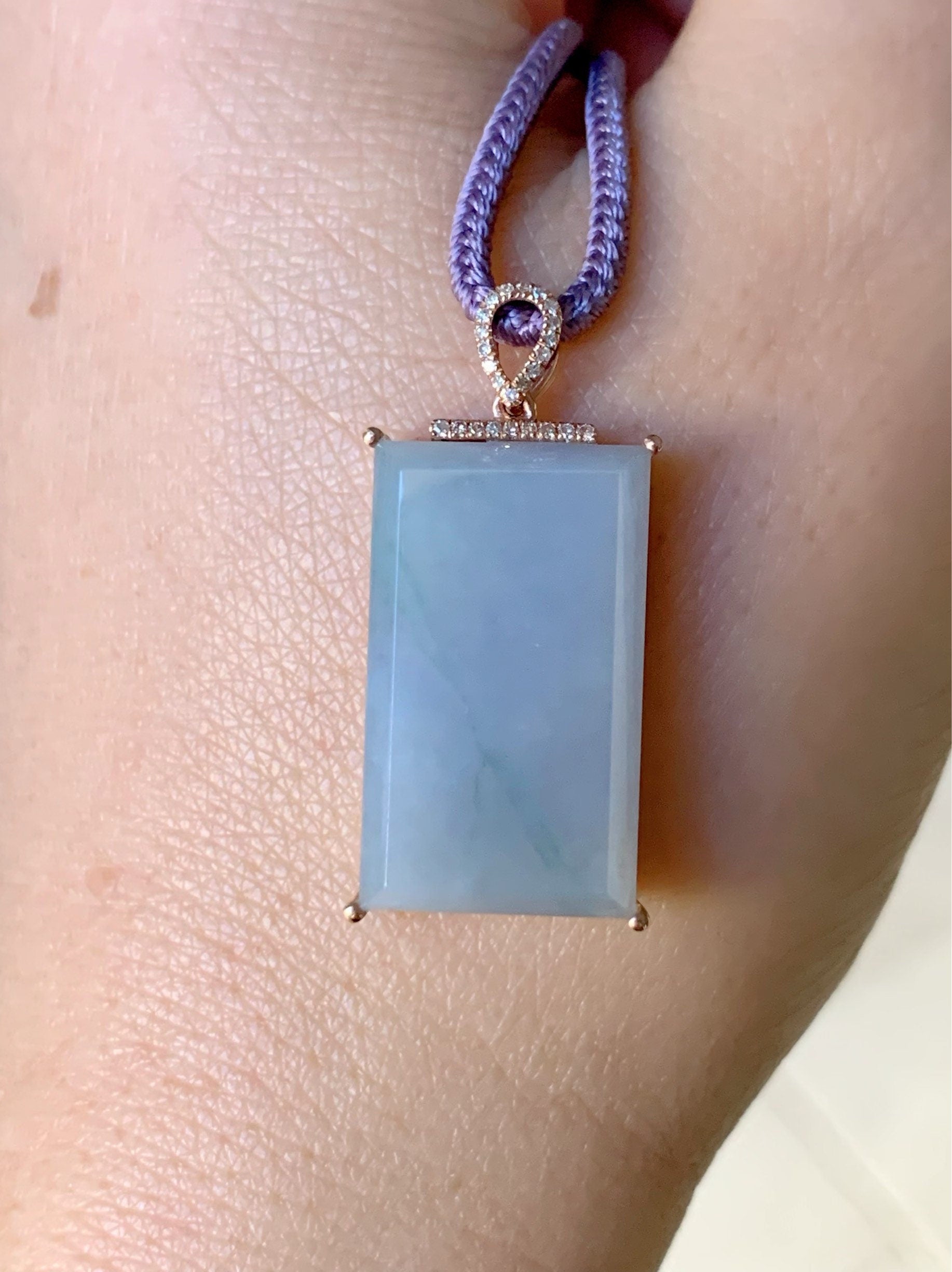 Certified Natural Burmese Purple Jadeite with Green Marbling and Genuine Diamonds Wu Shi Pai Pendant 18K Rose Gold 天然缅甸翡翠糯冰紫飘绿花钻石镶嵌无事牌吊坠