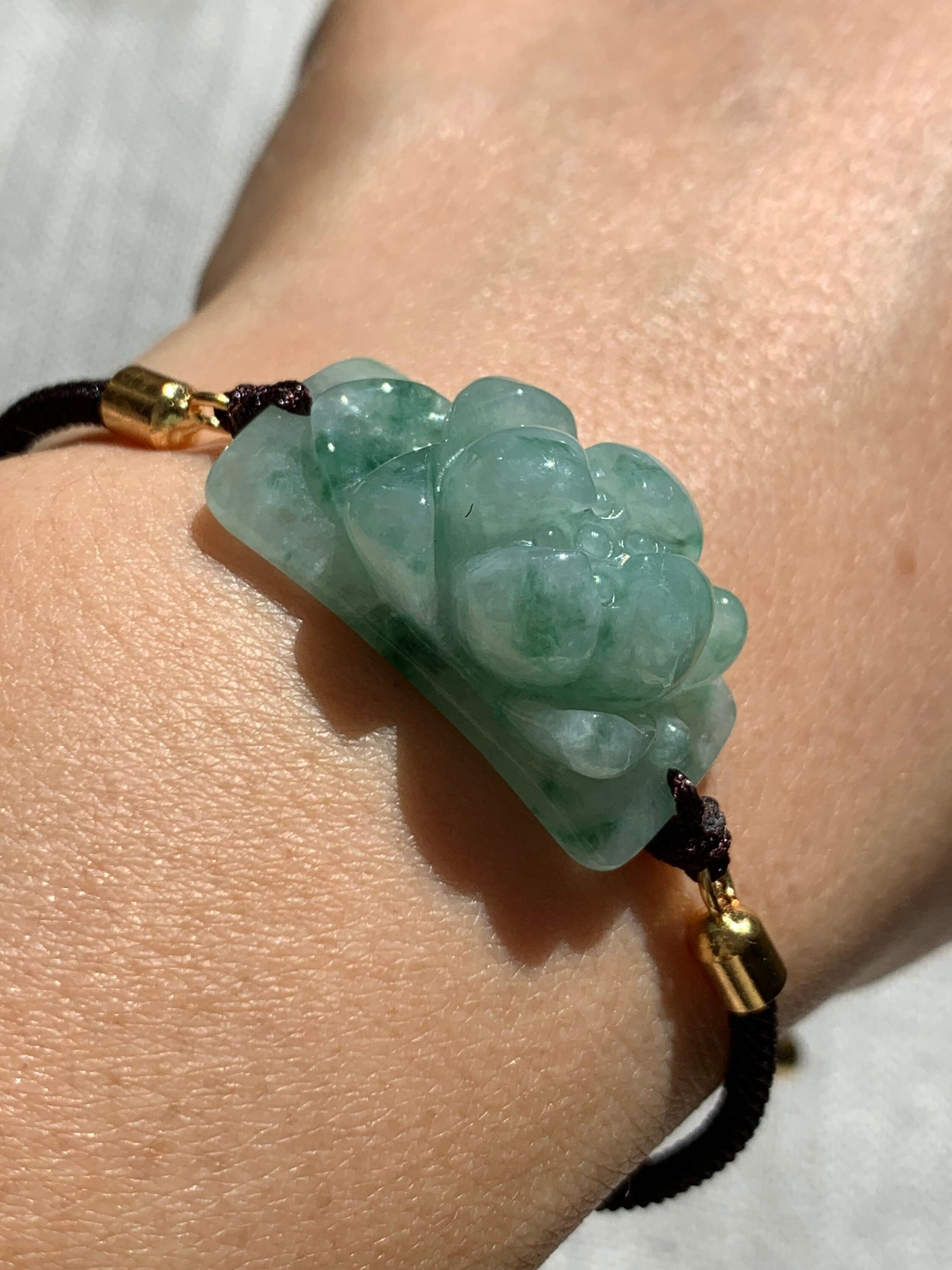 Natural Burmese Icy Translucent Light Green with Green Marbling Jadeite Lotus Flower Bracelet Adjustable up to 10” 天然缅甸翡翠晴底飘绿花莲花手牌