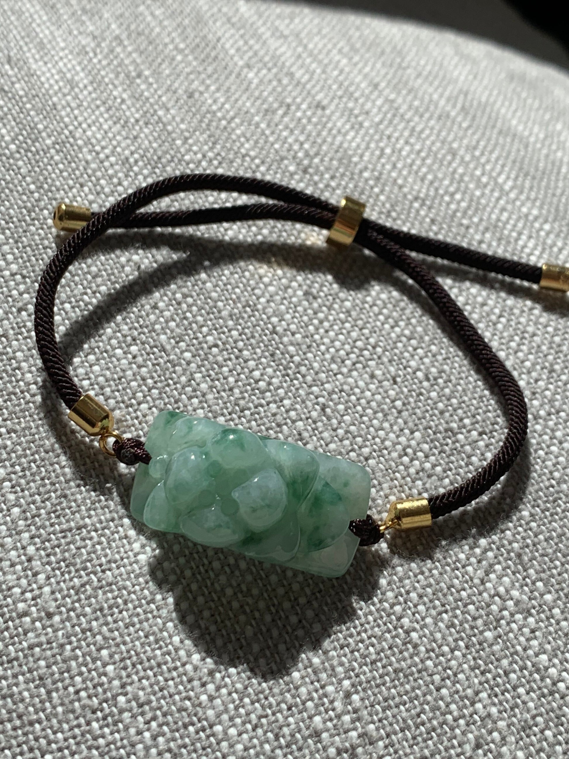 Natural Burmese Icy Translucent Light Green with Green Marbling Jadeite Lotus Flower Bracelet Adjustable up to 10” 天然缅甸翡翠晴底飘绿花莲花手牌