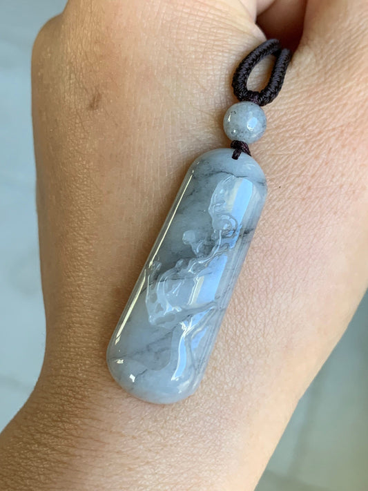 Natural Burmese grade A Icy Wuji Jadeite Deer & Cherry Blossom Engraved Pendant on Rope Necklace 天然缅甸翡翠种水乌鸡鹿牌吊坠