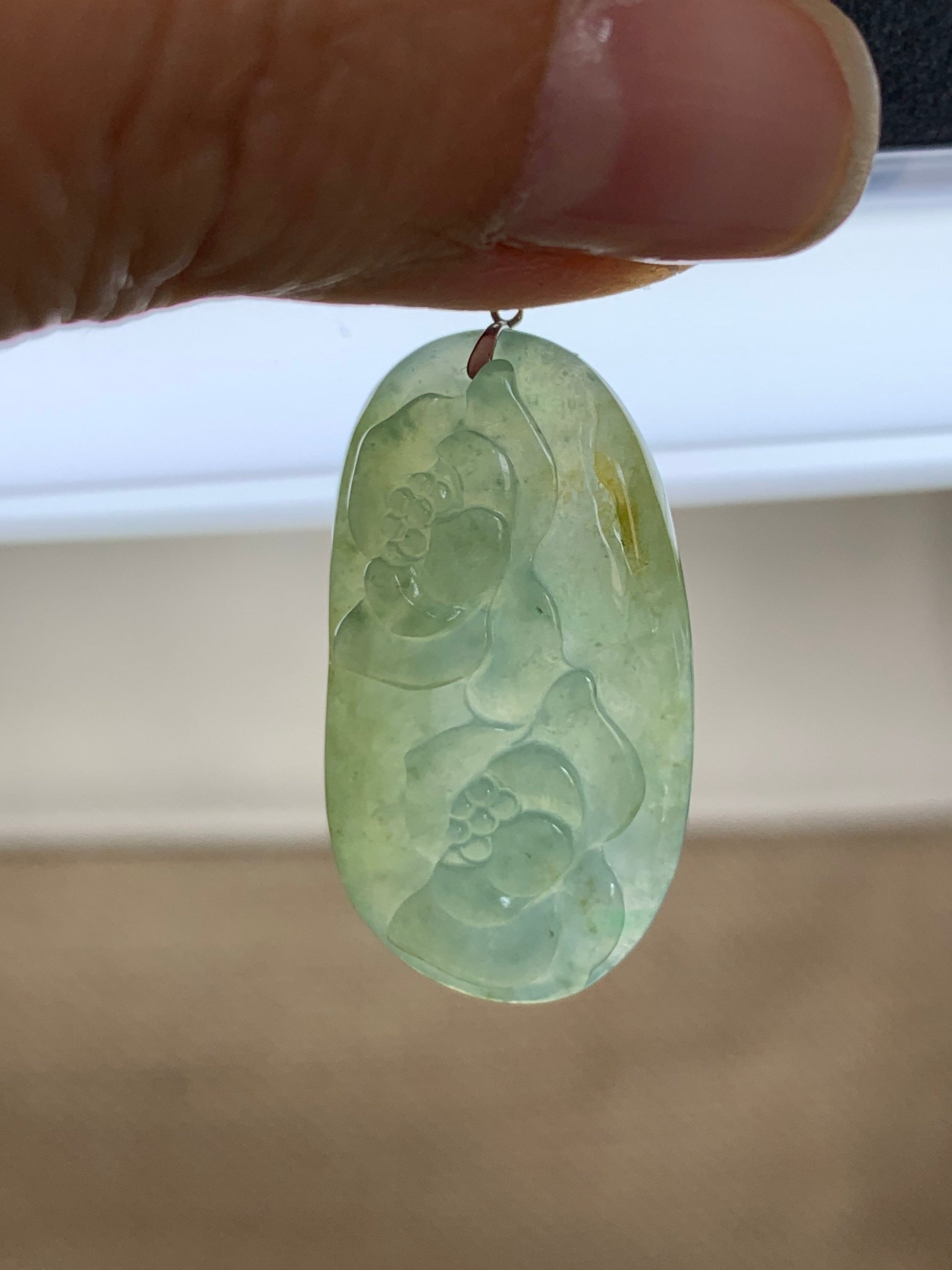 Natural Burmese grade A Icy Translucent Green and Yellow Blended Jadeite Lotus Flowers Pendant with 18K White Gold Bail 天然缅甸翡翠正冰双莲花镶嵌吊坠