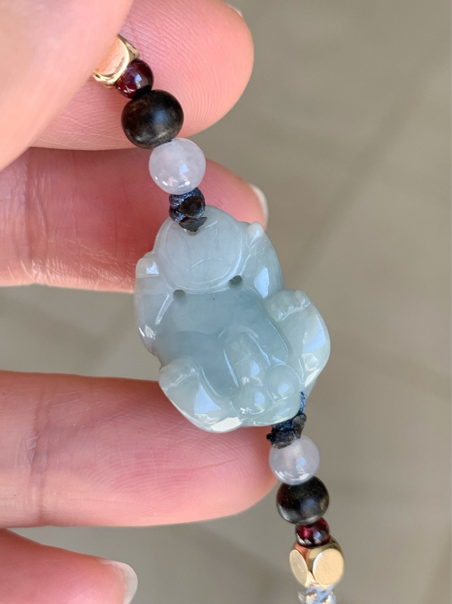 Jadeite Pixiu Multi-gem Bracelet Natural Burmese Icy Blue Jadeite Carved Male Pixiu Rope Bracelet Adjustable 5.75-7.5” 天然缅甸糯冰蓝底貔貅多宝手绳