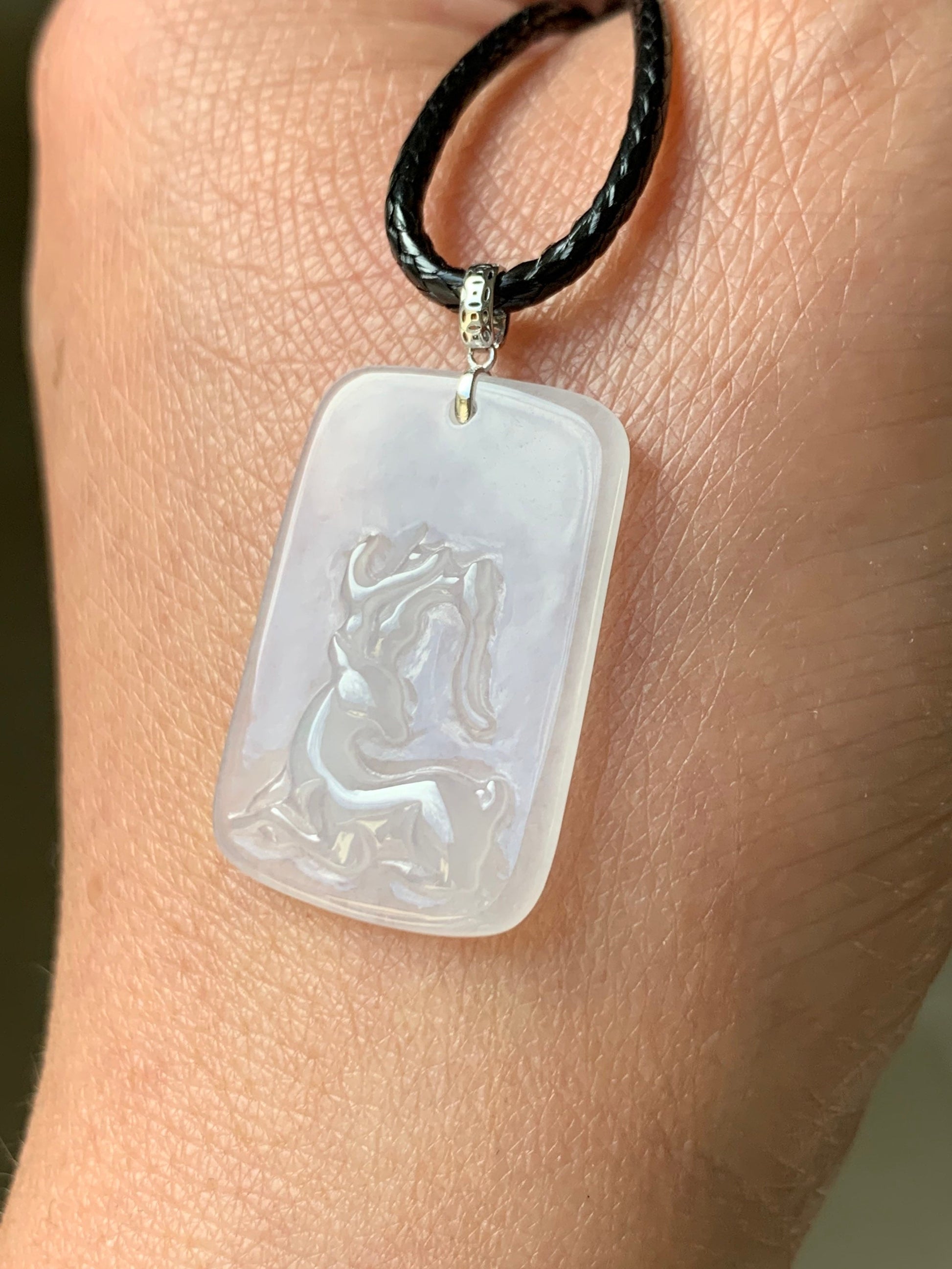 Natural Burmese Icy Highly Translucent White Jadeite Deer Tag Pendant 18K White Gold 天然缅甸正冰鹿牌镶嵌吊坠