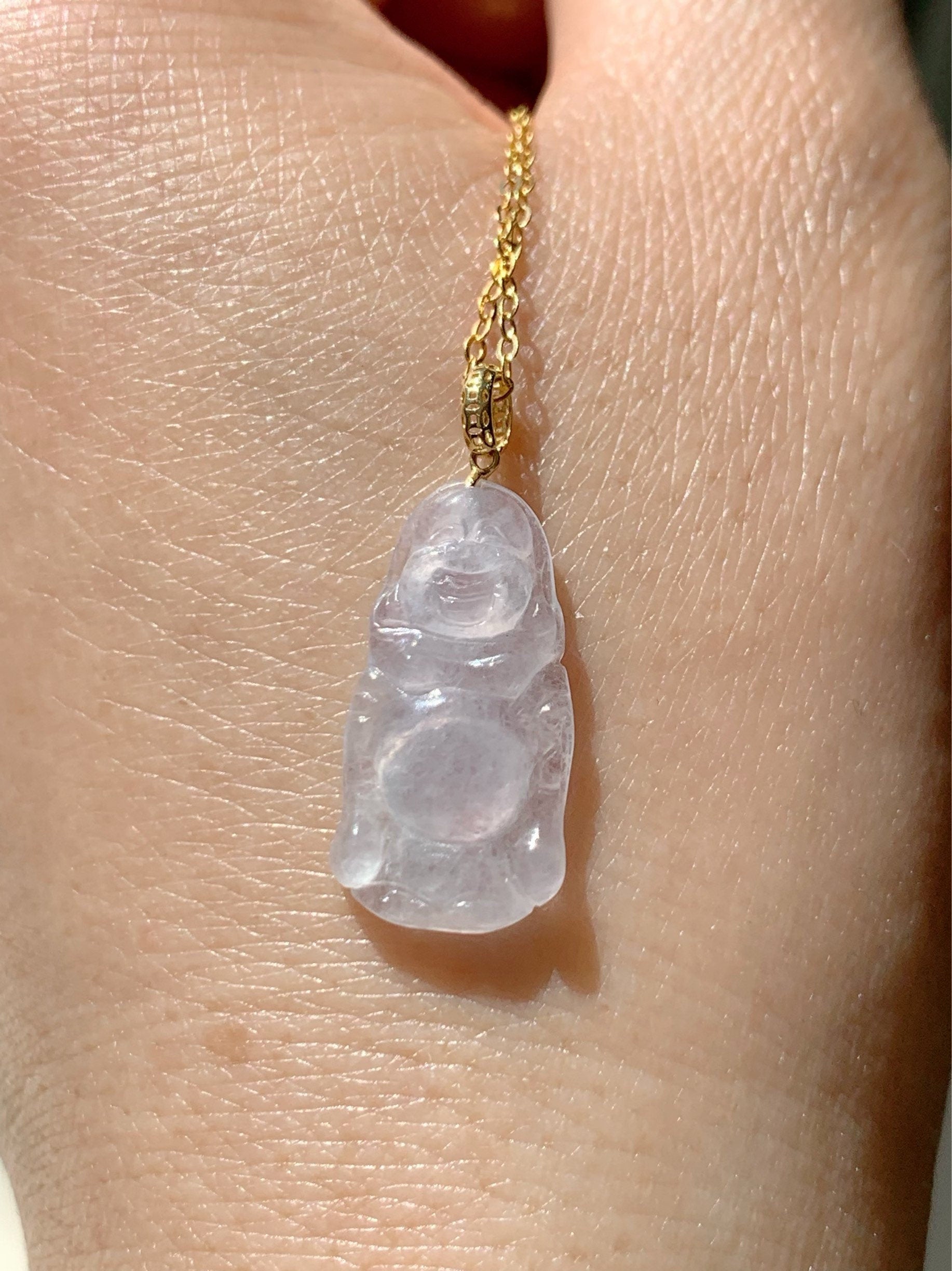 Natural Burmese Premium Transparent Icy Jadeite Light Pink Undertone Buddha Petite Pendant 18K Yellow Gold 天然缅甸老种正高冰起光冰粉底翡翠站佛镶嵌吊坠