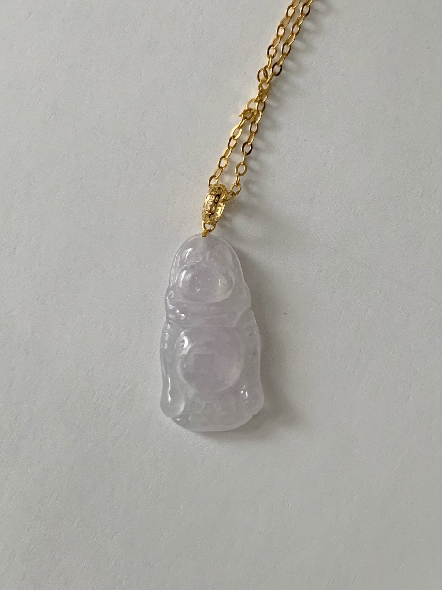 Natural Burmese Premium Transparent Icy Jadeite Light Pink Undertone Buddha Petite Pendant 18K Yellow Gold 天然缅甸老种正高冰起光冰粉底翡翠站佛镶嵌吊坠